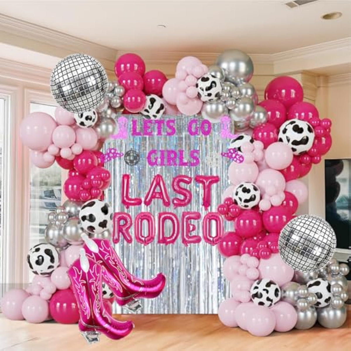 Last Rodeo Bachelorette Party Decoration Pink & Silver Disco Cowgirl Boot Cow Print Balloon Arch, Let'S Go Girls Banner Photo Backdrop For Last Hoe Down Bridal Shower, Western Birthday?Nashville Decor