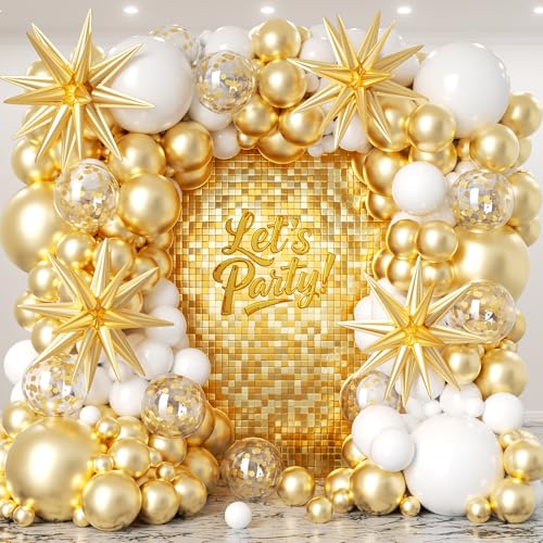 White and Gold Balloon Arch Garland Kit 153pcs with Star, 22 18 12 10 5in Different Size White Metallic Gold Confetti Latex Balloons for Birthday Anniversary Wedding Baby Shower Decoration