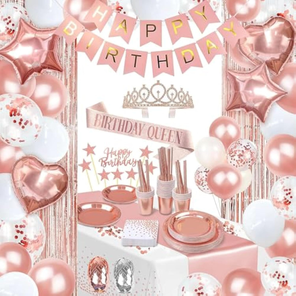 253 Pcs Birthday Decorations For Women, Rose Gold Party Decorations, Happy Birthday Decorations - Balloon Stand Kit, Tableware Kit,Pump, Banner, Tassel Curtain,Balloon, For 25 Guests