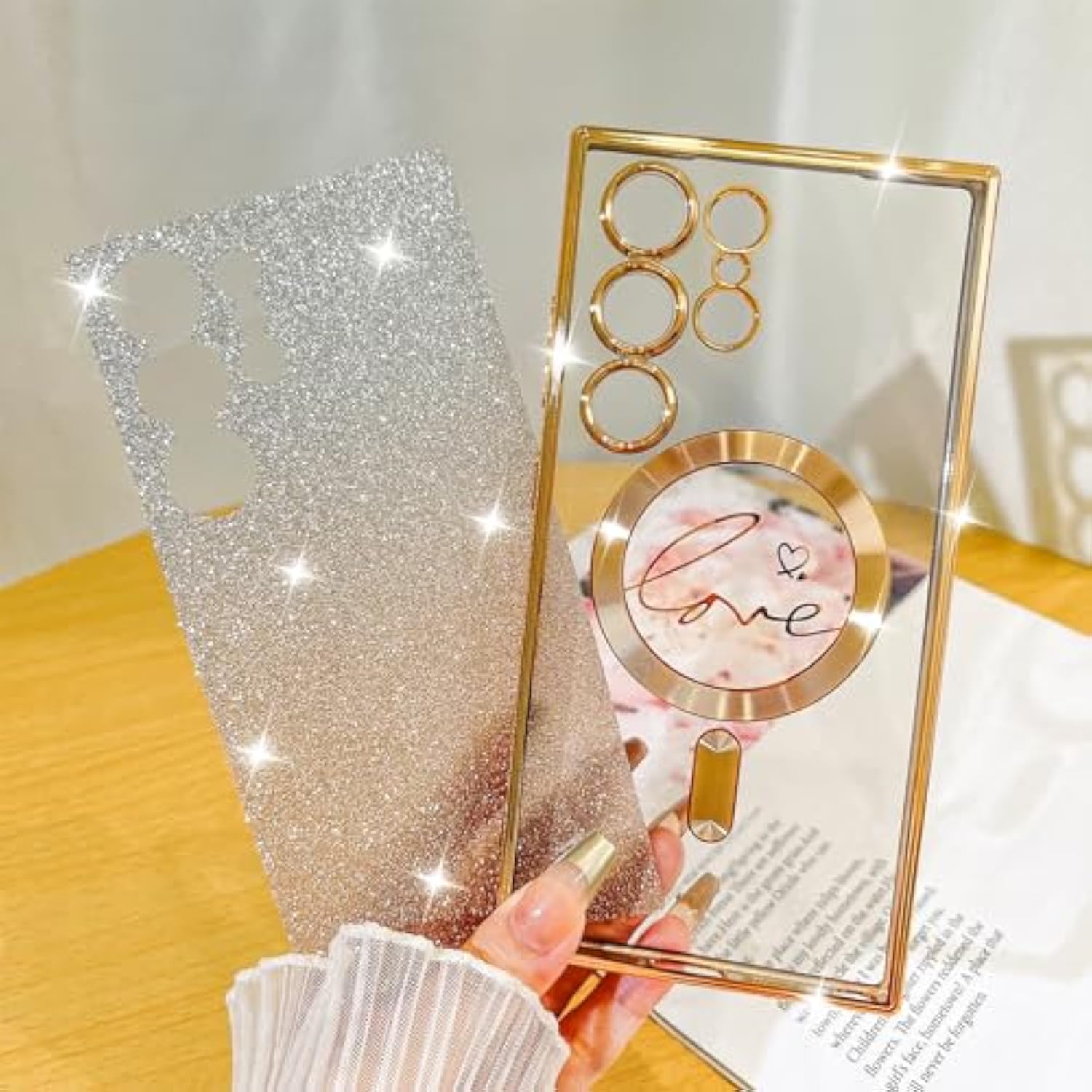 Designed For Samsung Galaxy S24 Ultra Case,Compatible With Magsafe Love Heart Plating Camera Protection Clear Glitter Magnetic For Women Girls Shockproof Phone Cover Bumper 6.8"-Gold