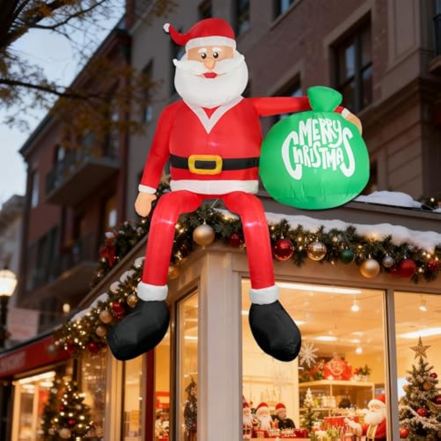 Christmas Inflatable Santa Claus, Outdoor Decorations Sitting Santa Claus Build-In Led Lights, Blow Up Santa Carrying Gi