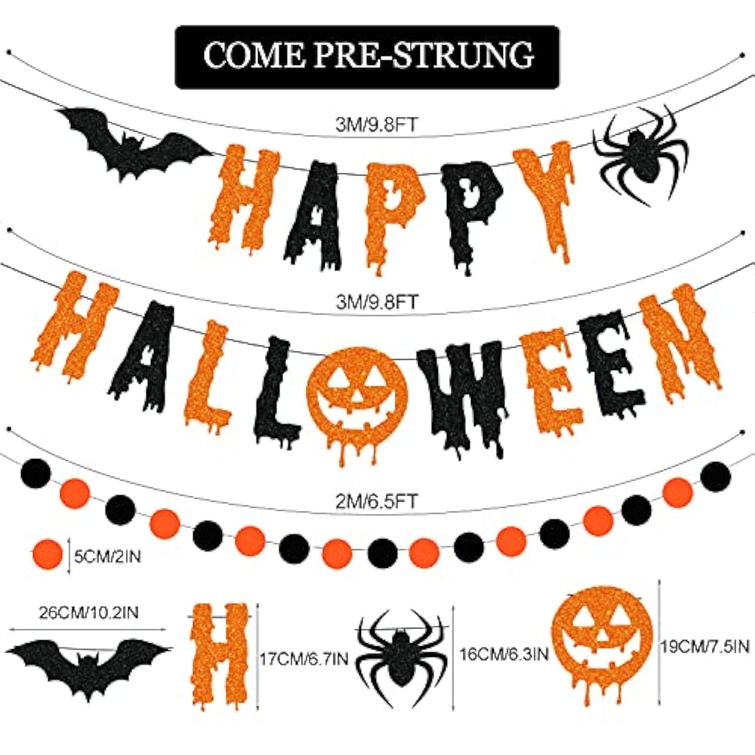 Glitter Happy Halloween Banner with Circle Dot Garland Black Orange Bat Spider Party Decor