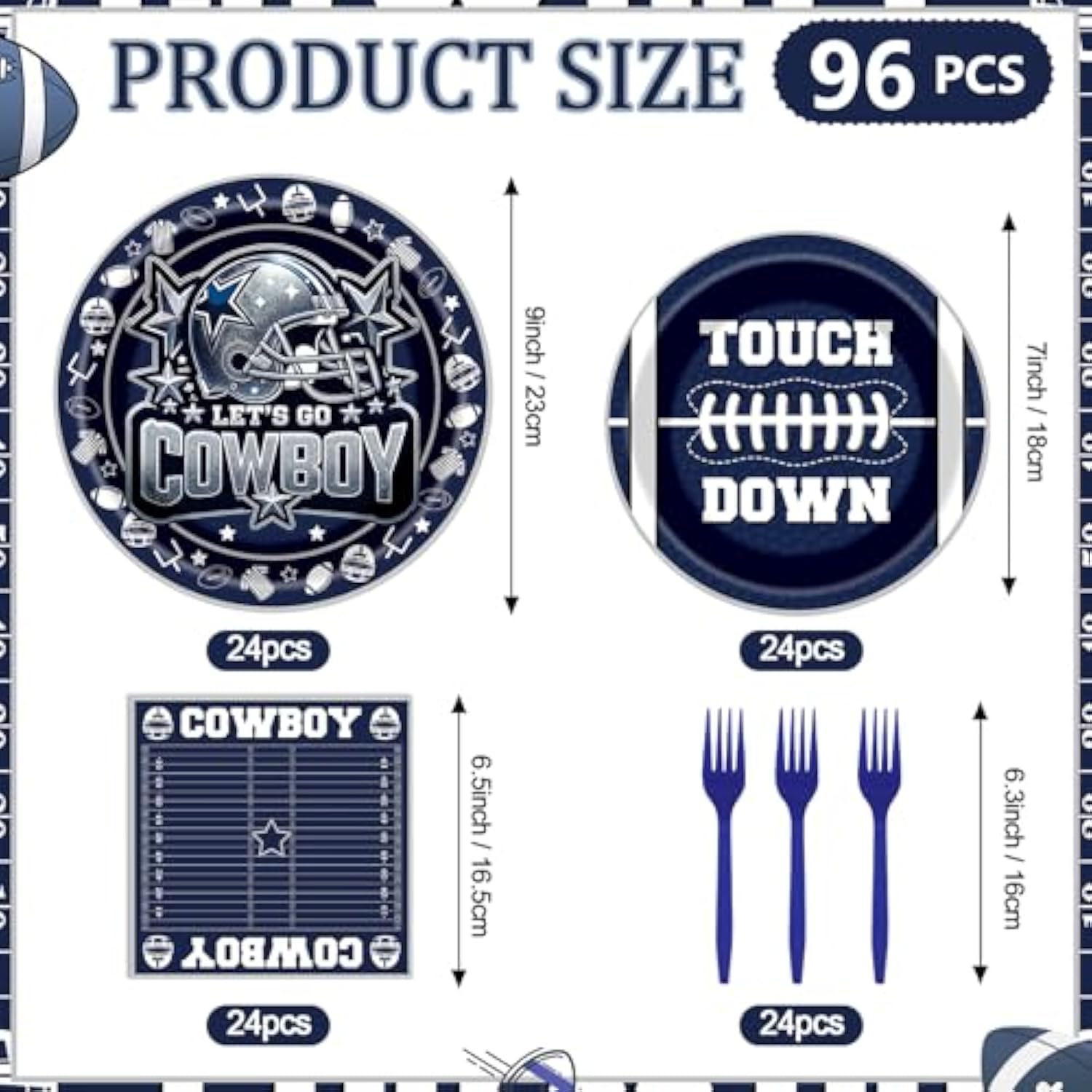 Cowboy Football Party Decorations - 96 Pcs Blue Cowboy American Rugby Tableware Set, Game Day Disposable Paper Plate Napkin Fork, Sports Birthday Party Supplies For Boys Men, Serves 24 Guests