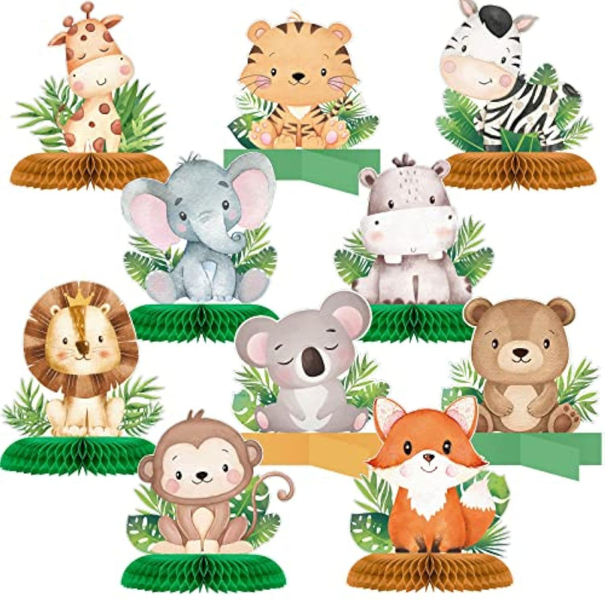 10PCS Jungle Animals Honeycomb Centerpieces for Safari Baby Shower & Wild One Party Decor