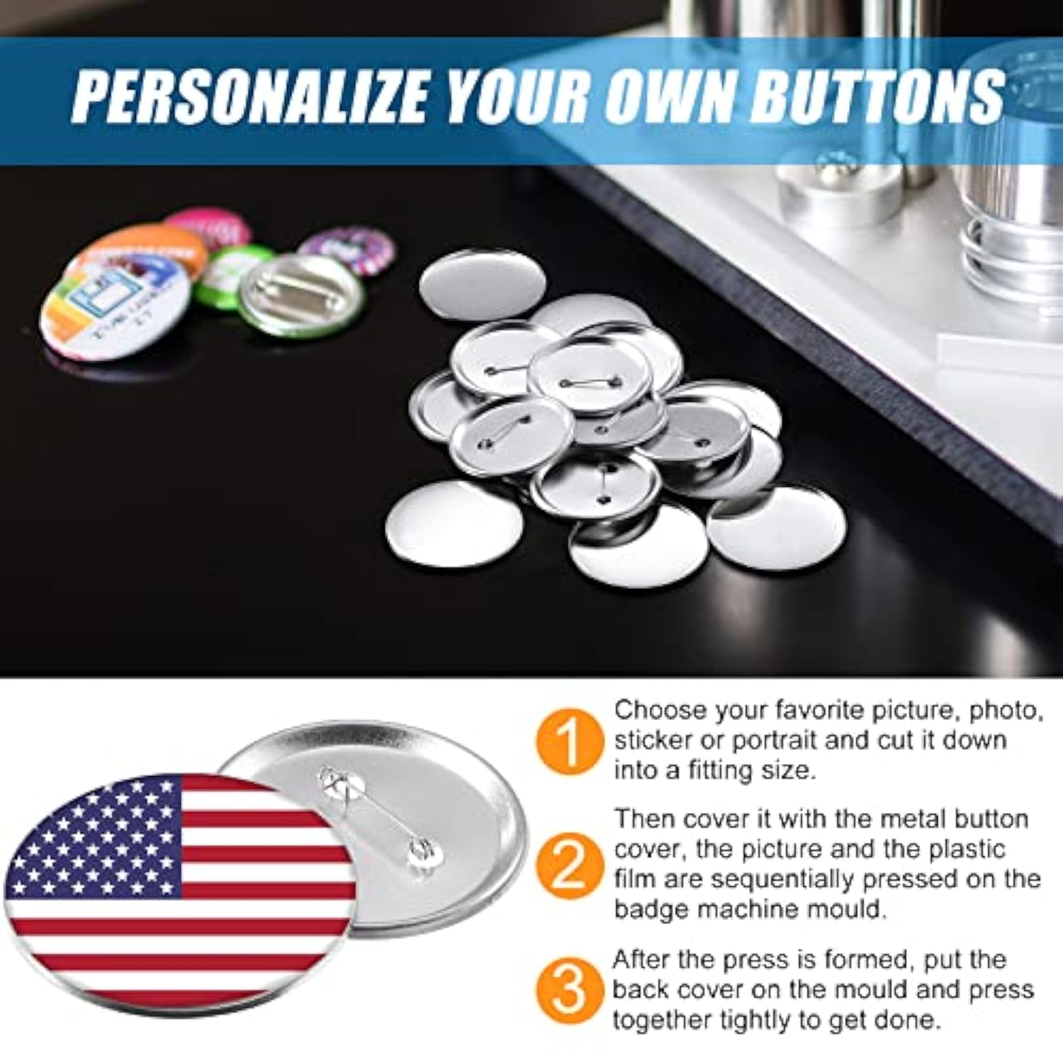 100 Sets Blank Button Making Supplies Round Badge Button Parts Metal B
