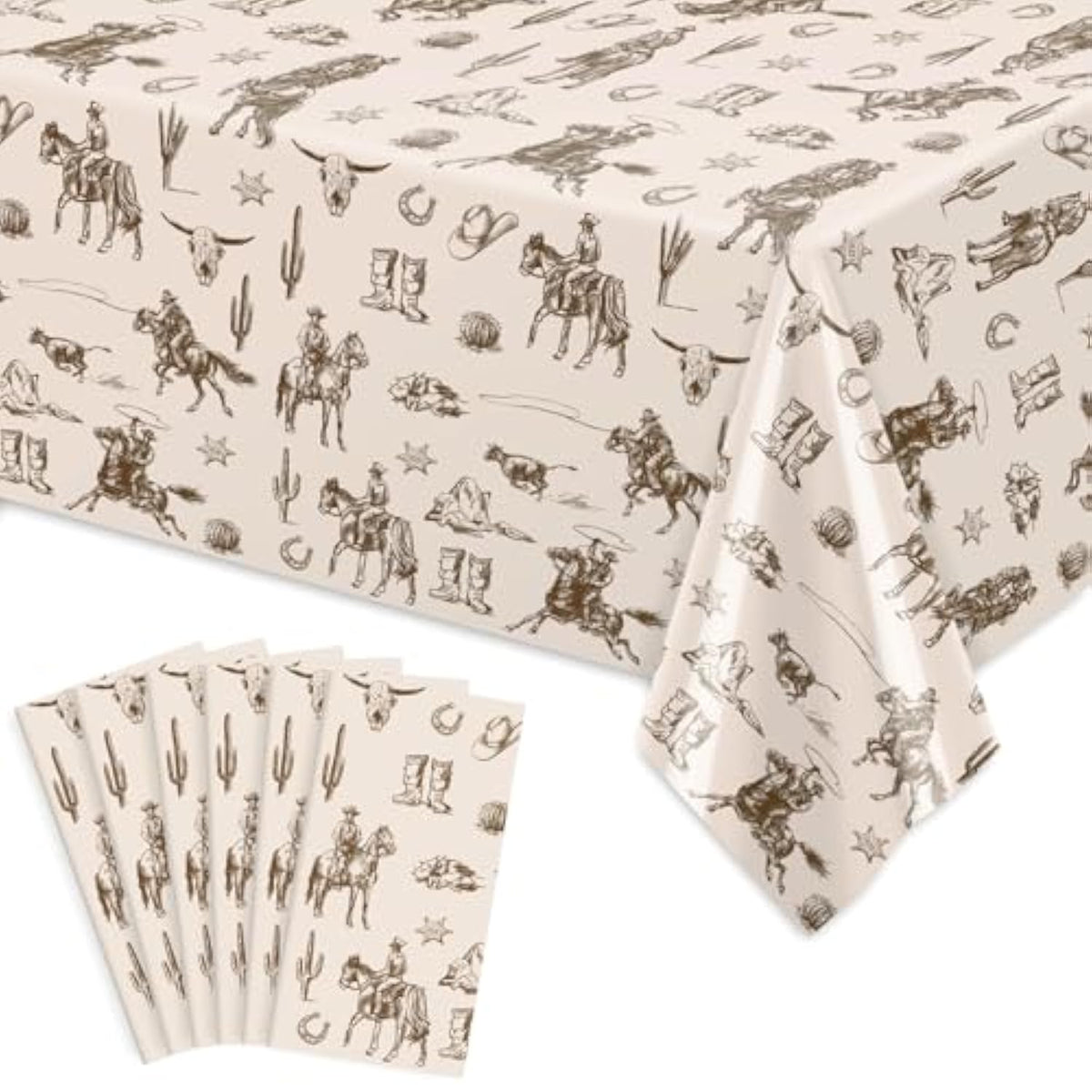 6Pcs Western Cowboy Rectangle Tablecloth Brown Wild West Rodeo Plastic Disposable Table Cover For Farmhouse Baby Shower Birthday Picnic, 54 X 108 Inch