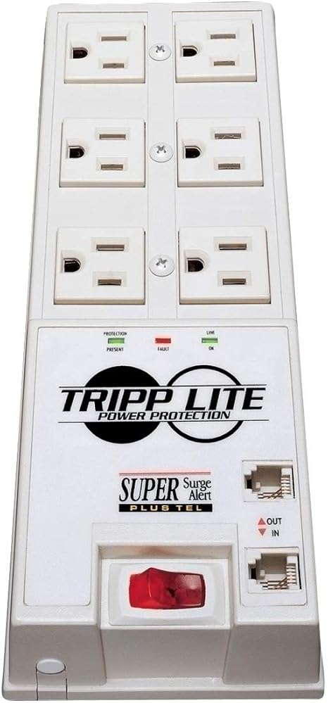 6 Outlet Surge Protector Power Strip with 6 ft Cord Right Angle Plug and RJ11 Tel Protection