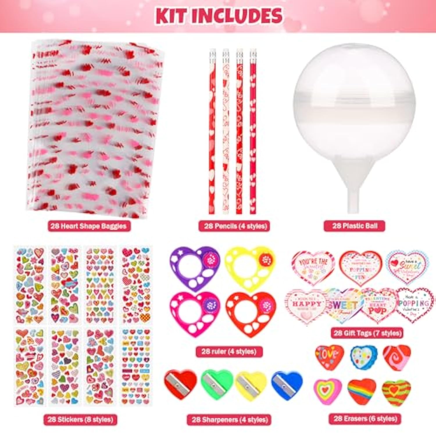 Valentine’S Day Gifts For Kids–28 Pack Giant Lollipop-Shaped Stationery Set With Heart Cards, Pencils, Stickers, Erasers & Ruler For Classroom Valentines Exchange And School Party Favors