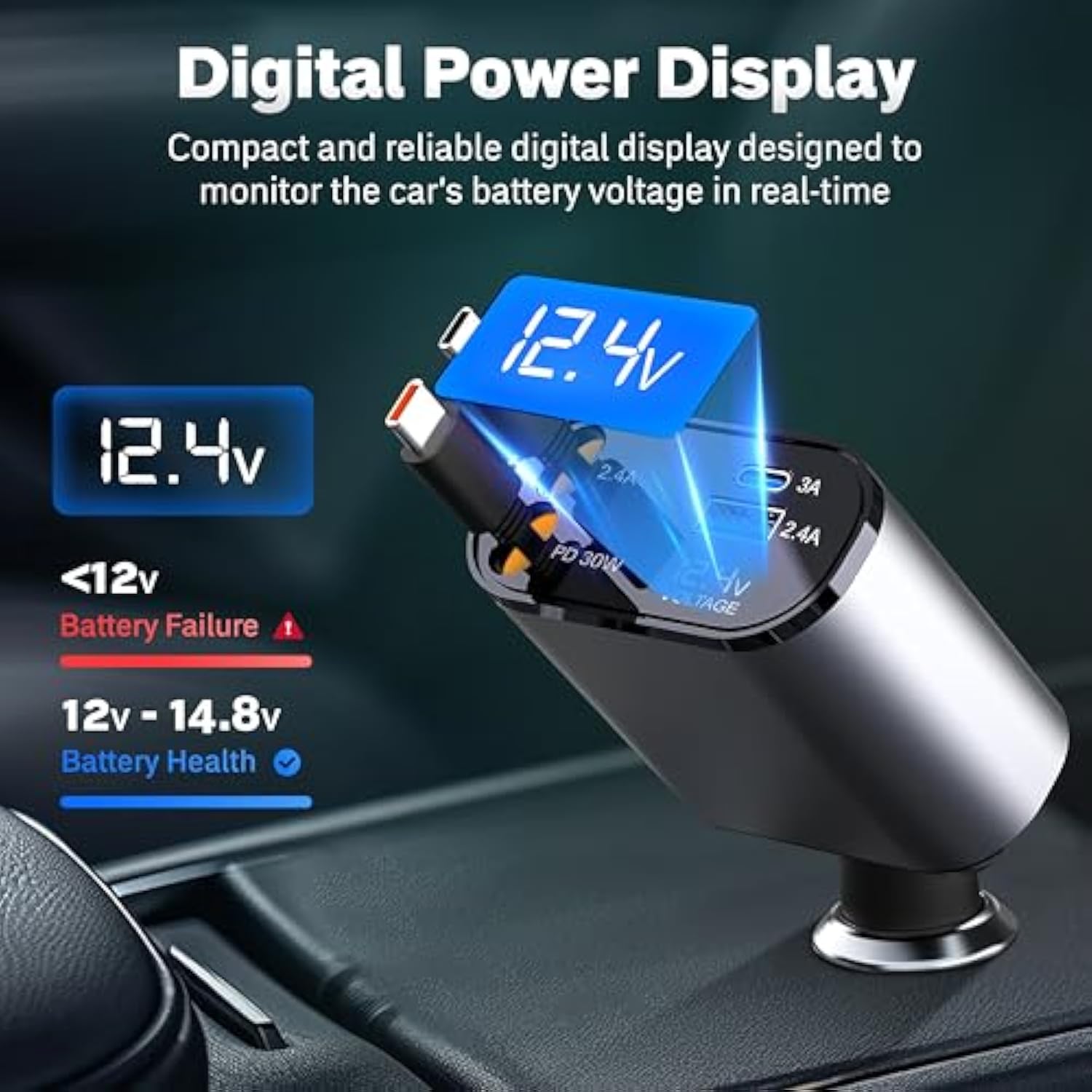 Super Fast 4-In-1 Retractable Dual C Type Car Charger | Pd30W Charger For Multiple Devices | 82 Cm Long, Flexible,Universal & Compact Design | Compatible For Iphones, Samsung & Android Devices