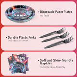 96 Pcs Party Plates, Video Game Paper Plates And Napkins Party Supplies For Video Game Theme Birthday For Gamer, Serve For 24 Guests, Blue And Purple