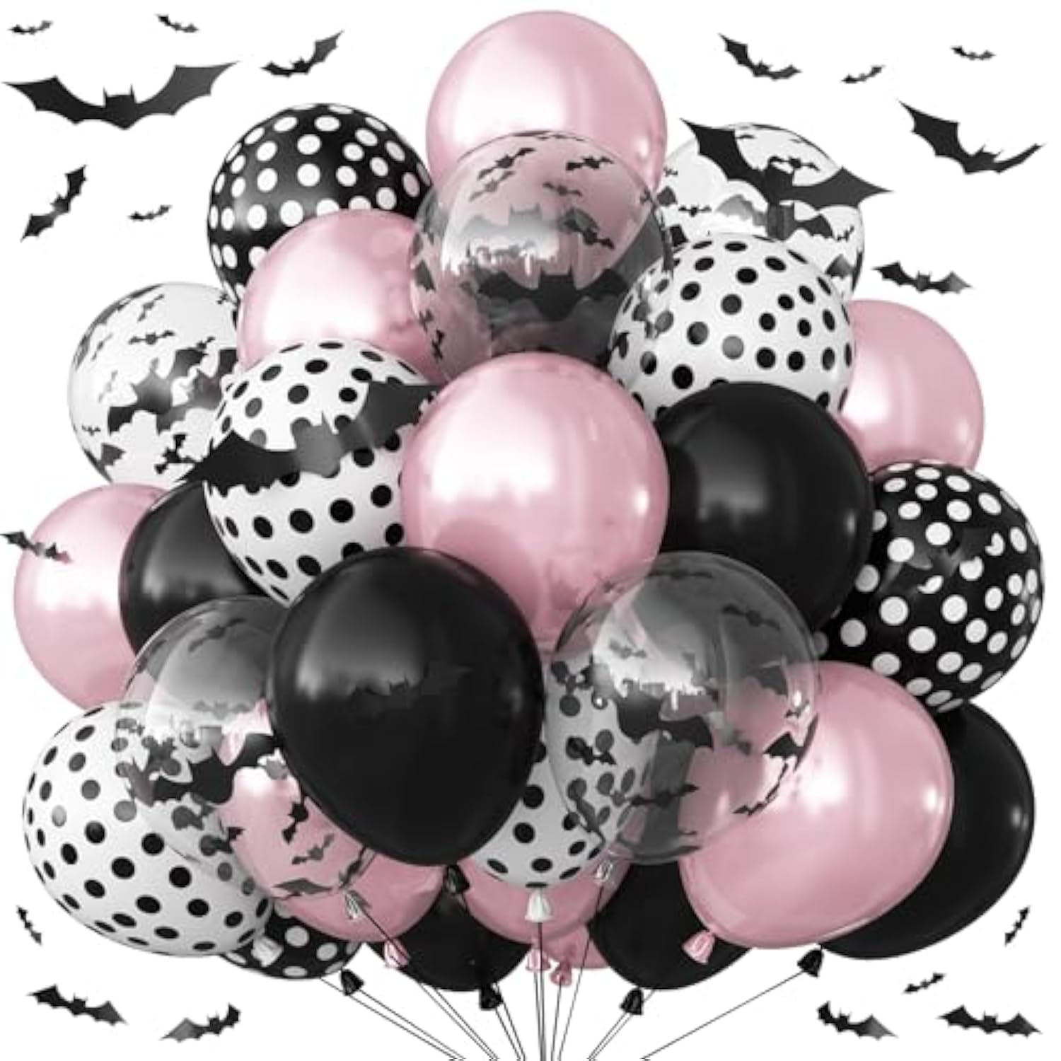 Pink Black Halloween Balloons with 3D Bat Stickers Polka Dot Balloons Party Decor