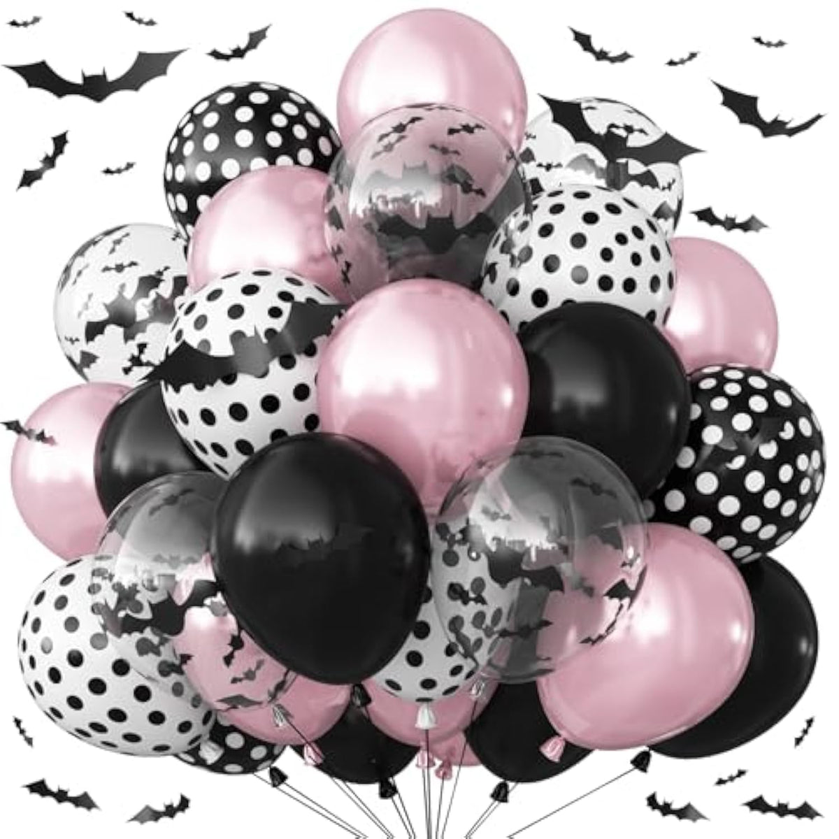Pink Black Halloween Balloons with 3D Bat Stickers Polka Dot Balloons Party Decor
