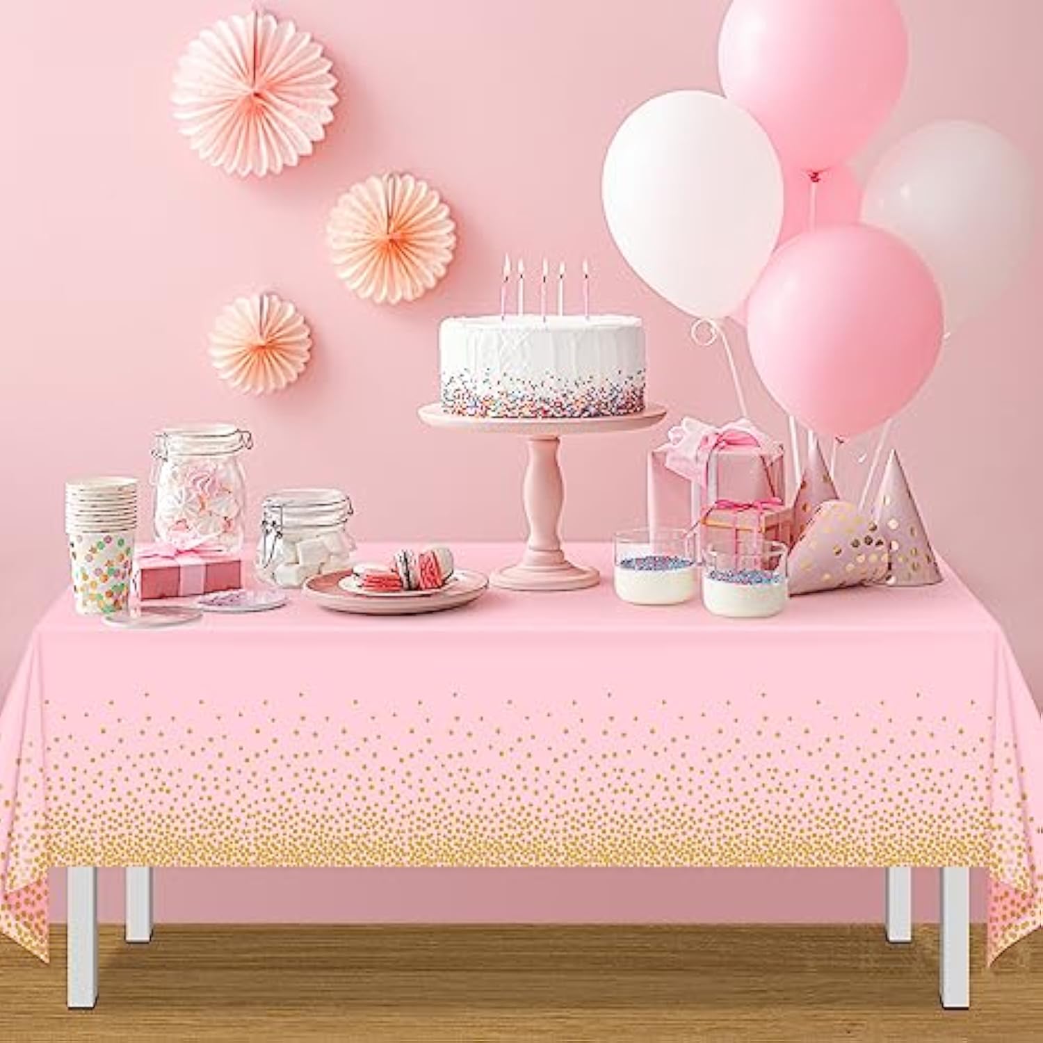 4 Pack Pink And Gold Plastic Tablecloth For Parties, Pink Disposable Table Cloth For Rectangle Tables, Gold Dot Confetti Light Pink Tablecloth For Birthday Wedding Baby Shower Party, 54X108