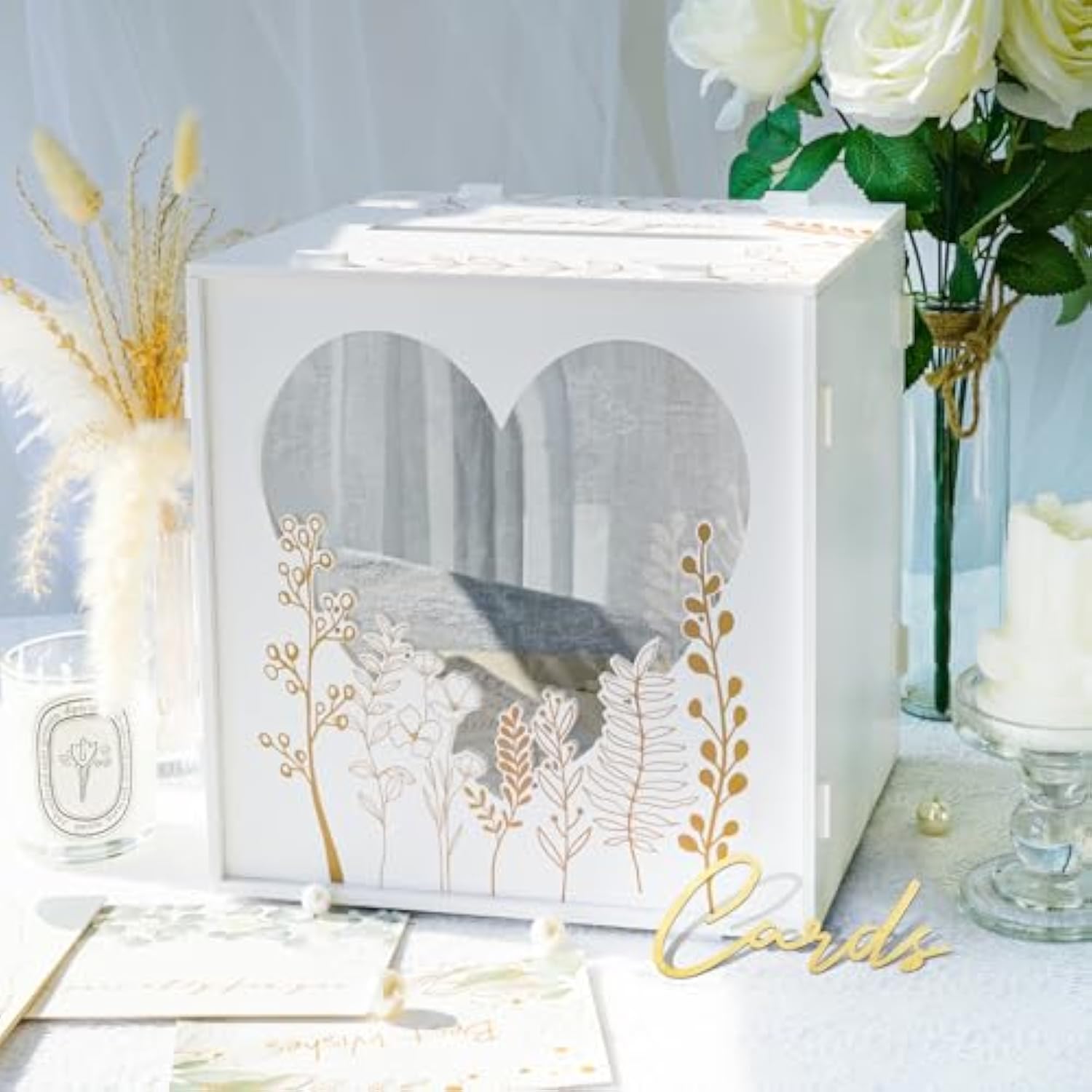 White Wedding Card Box For Party, Pvc Gift Card Box For Wedding Decorations With Heart Acrylic Window, Envelope Money Boxes For Reception Bridal Baby Shower Graduation Birthday Decor