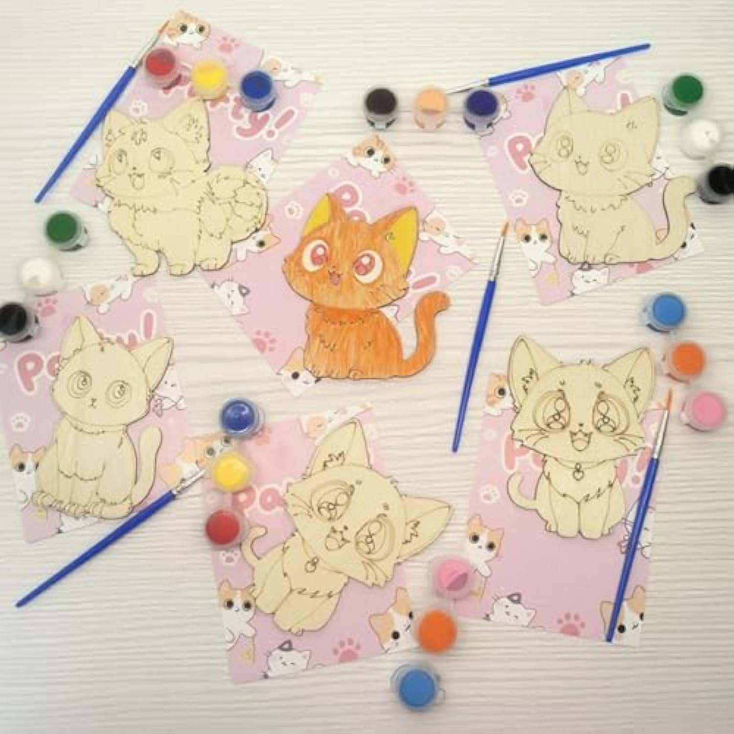 Cat Party Favors - 24 Pcs Cat Birthday Party Supplies - Cat Wooden Painting Kit For Kids With Cat Cards Cat Birthday Decorations Goodie Bags Gifts Prizes For Kids Girls Toddler