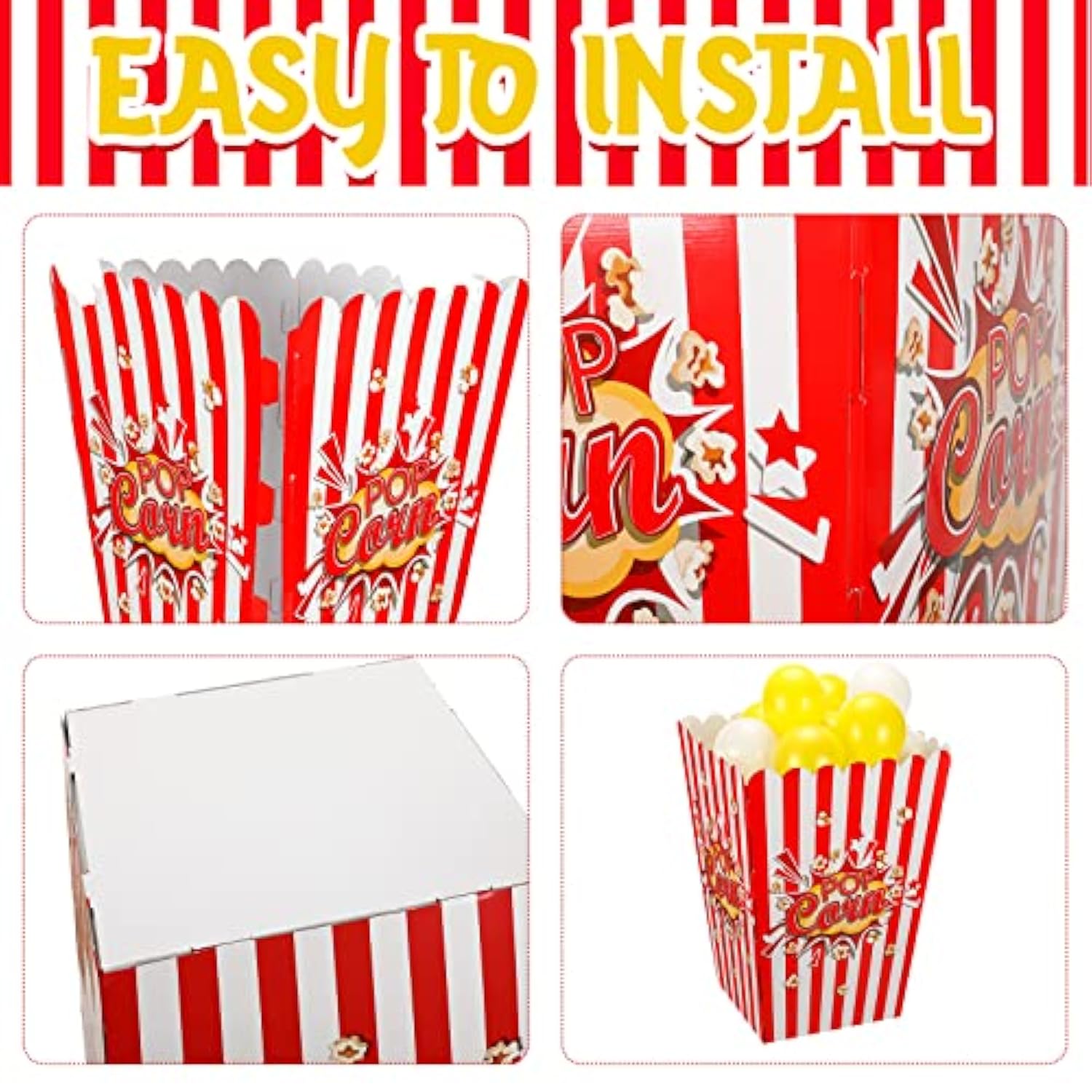 Giant Popcorn Box Cardboard Stand Up With Balloons Movie 3D Popcorn Box Cardboard Stand Up And Yellow White Balloons Carnival Decorations For Movie Night Themed Party(2 Pack)
