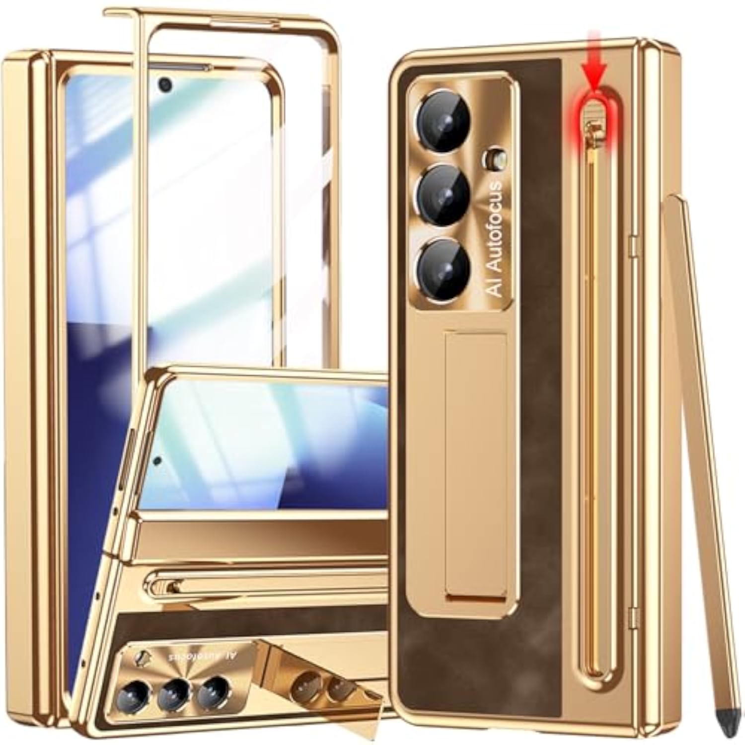 Samsung Galaxy Z Fold 7 Case with S Pen Holder & Slim Stylus, Fold7 PU Leather Phone Case with Kickstand Built in Screen Protector Camera Protector Protective Cover for Z Fold7 Gold and Coffee