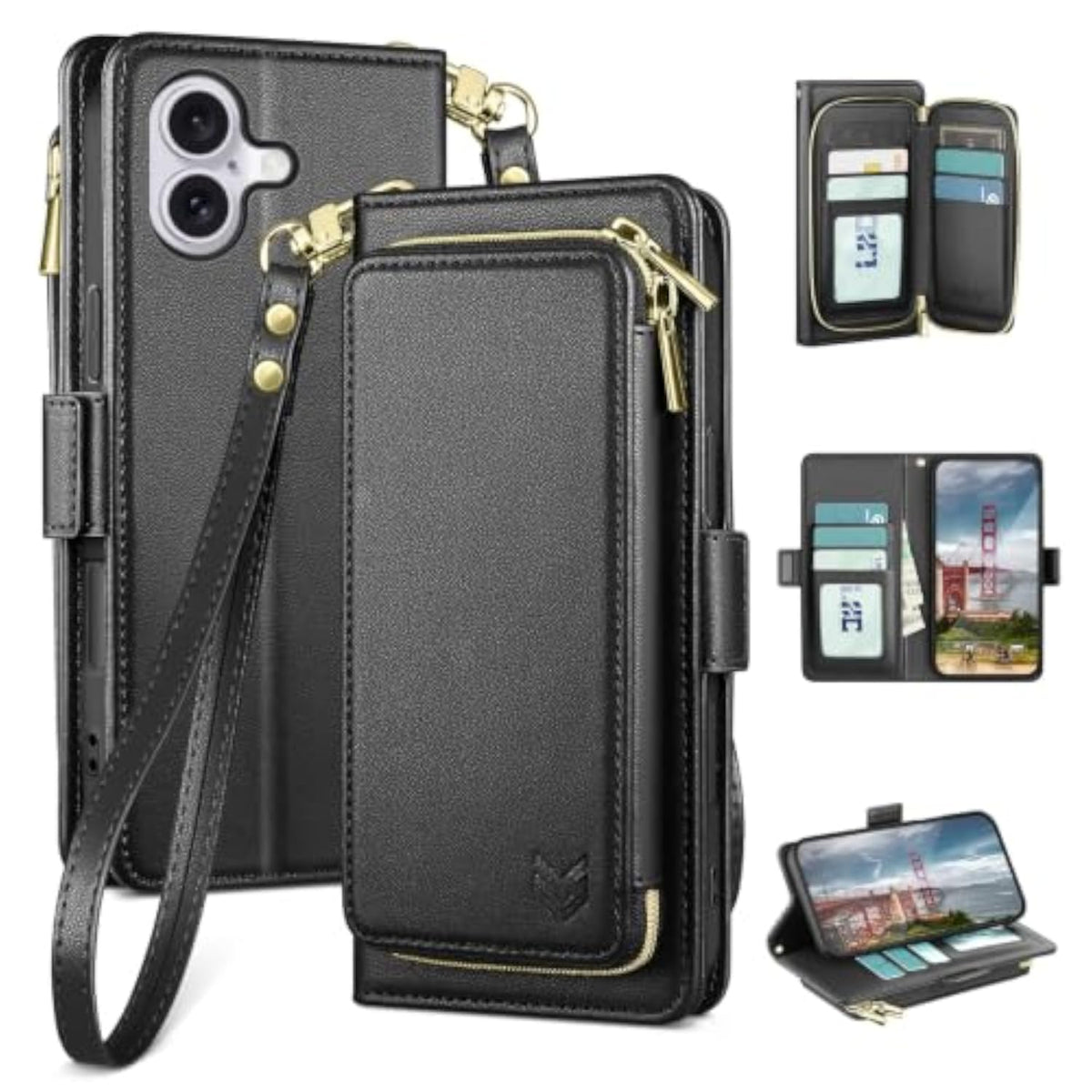 All-in-One Flip Folio Case for iPhone 16 6.1" - Men & Women PU Leather Wallet Cover with 9 Card Slots, Zipper Pocket, Detachable Wrist Strap, Full Body Protection for Apple 16 Black