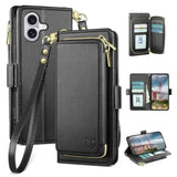 All-in-One Flip Folio Case for iPhone 16 6.1" - Men & Women PU Leather Wallet Cover with 9 Card Slots, Zipper Pocket, Detachable Wrist Strap, Full Body Protection for Apple 16 Black