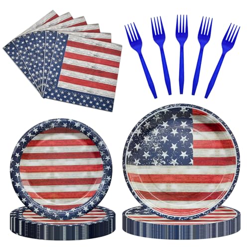 96 Pieces 4th of July Plates and Napkins Set, Vintage American Flag Disposable Tableware with Paper Plates Napkins and Forks for BBQ Picnic Party, Serves 24