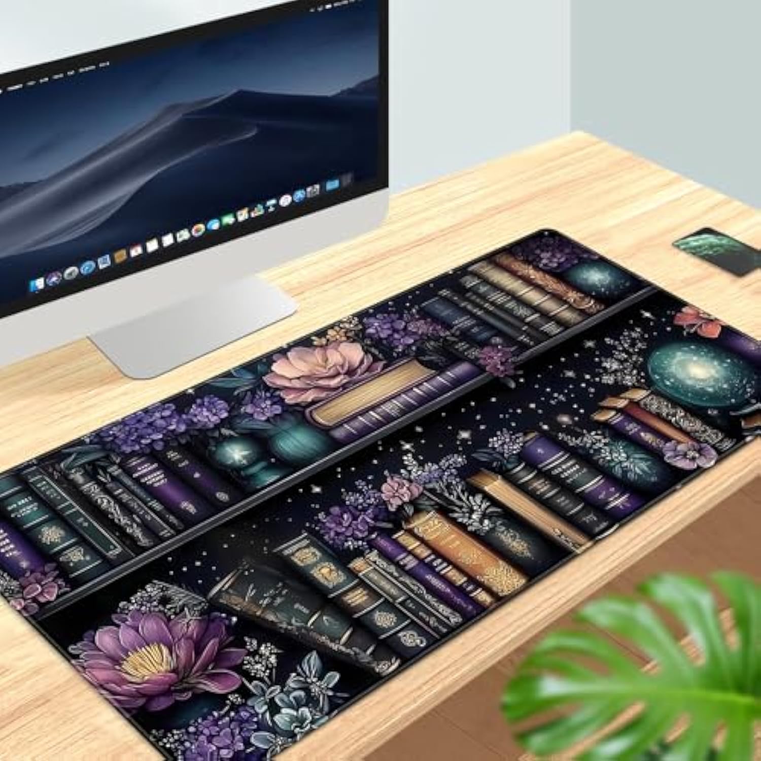 Purple Flowers Bookshelf Desk Mat Bookish Desk Pad Celestial Floral Books Large Mouse Pad Xxl Extended Mousepad Aesthetic Keyboard Pad Crystal Globe Mouse Mat 31.5X15.7 In Office Decor For Women