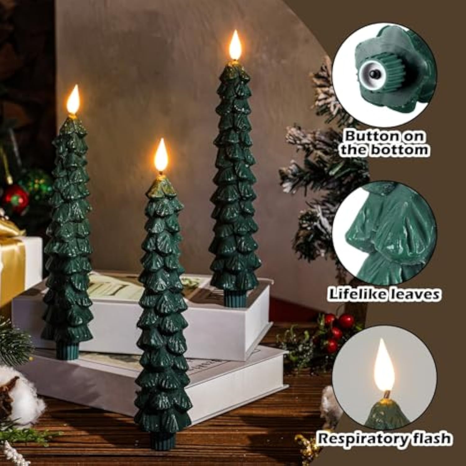 6 Pcs Led Christmas Tree Flameless Taper Candles, 9.7 Inch Real Wax Battery Operated Candlestick Lights With 3D Flame And Remote Timer For Windows Fireplace (Green,Christmas Tree)