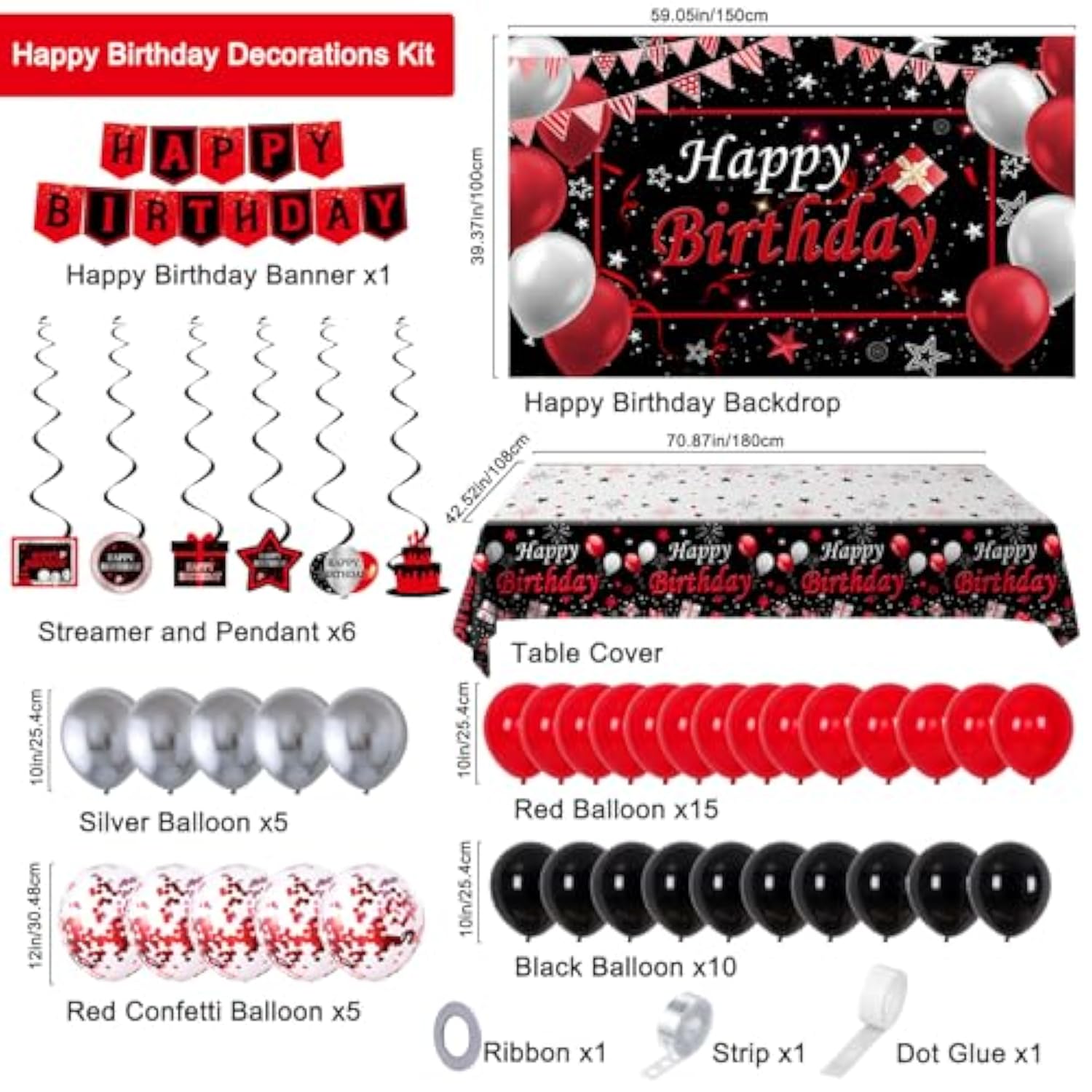 Black And Red Birthday Decorations For Men Women Boys Girls, Black And Red Party Decorations Happy Birthday Banner Backdrop Confetti Silver Balloons Arch Hanging Swirls Party Supplies Tablecloth