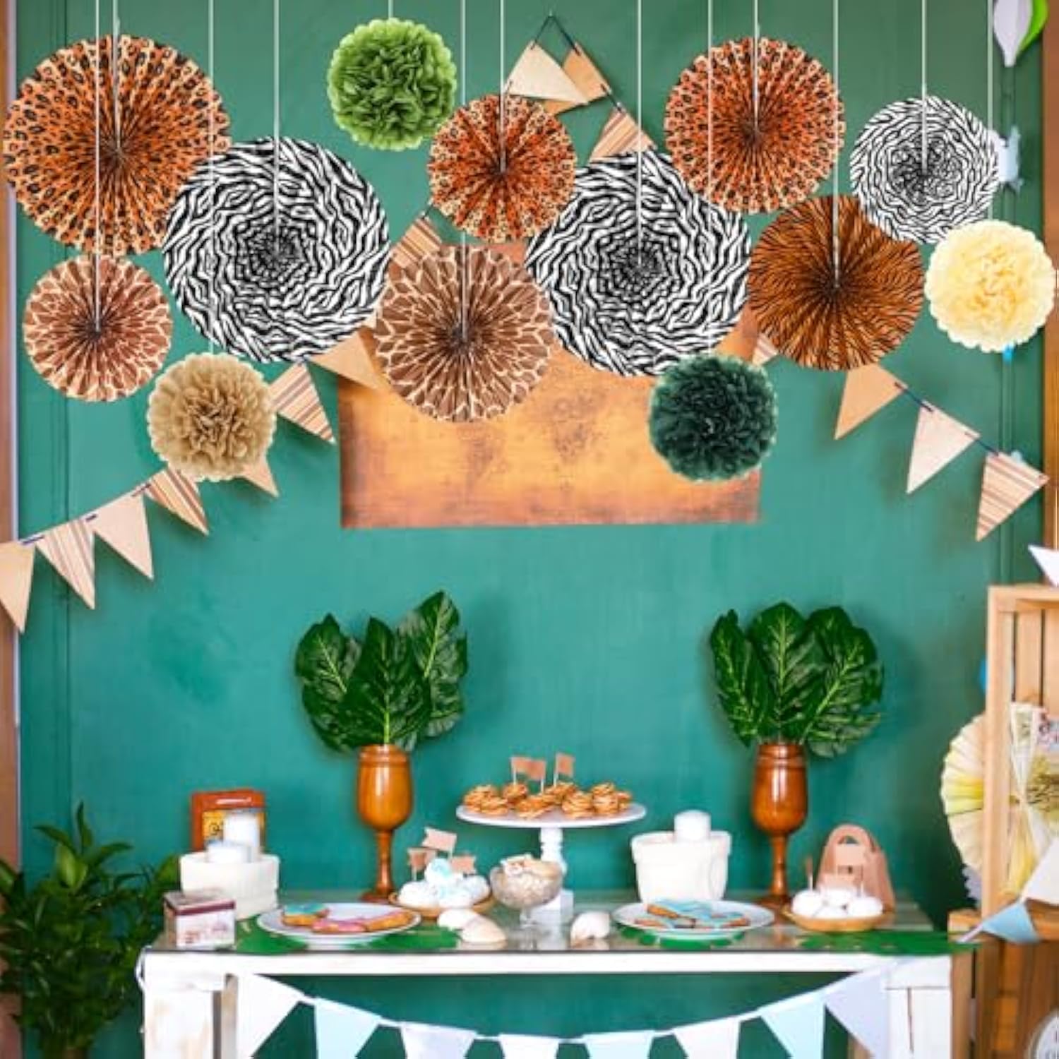 21 Pcs Jungle Safari Party Decorations Safari Theme Hanging Decoration Animal Print Hanging Paper Fans Green Tissue Paper Pom Poms Jungle Supplies For Wild Birthday Baby Shower Party Supplies