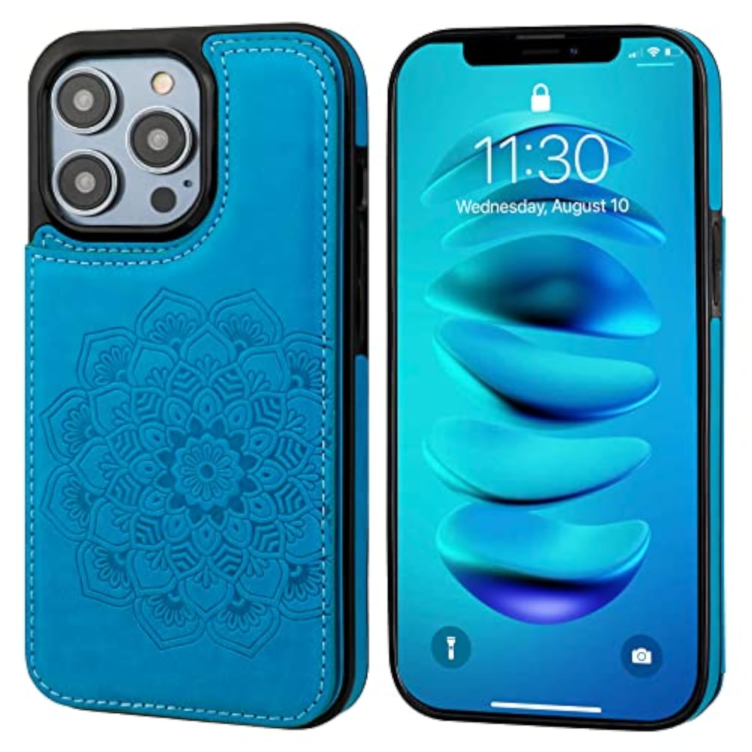 Mandala Pattern PU Leather Double Buttons Flip Case with Card Holder for iPhone 14 Pro 6.1 Inch Blue