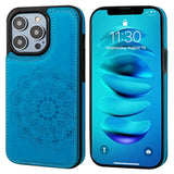 Mandala Pattern PU Leather Double Buttons Flip Case with Card Holder for iPhone 14 Pro 6.1 Inch Blue