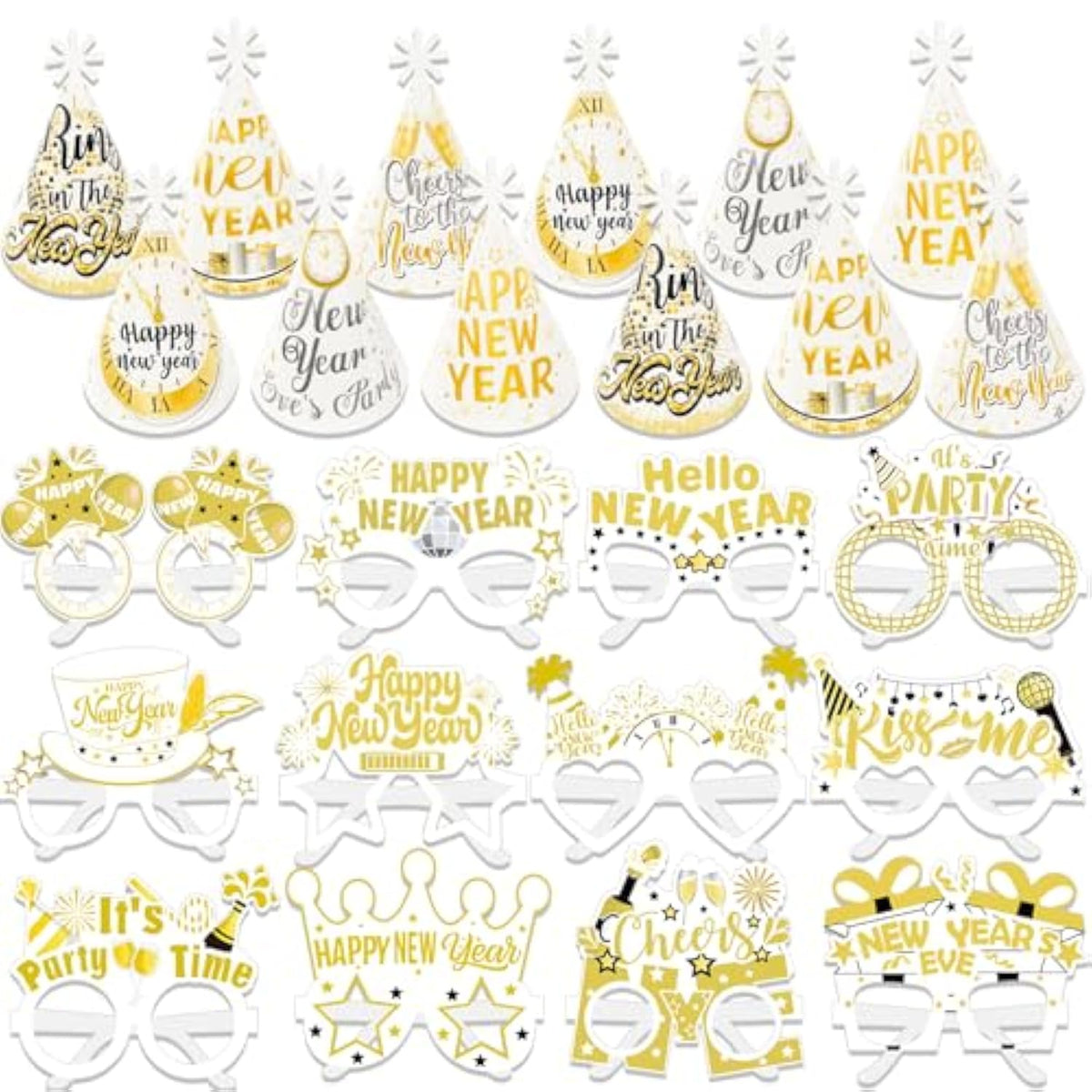 24pcs 2026 New Year Party Supplies White Gold Hats Glasses Photo Props