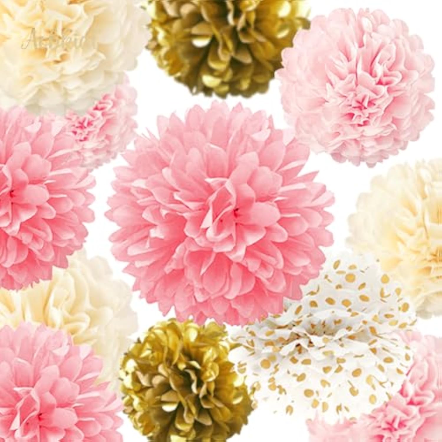 15PCS Pink Gold Wedding Baby Shower Decor – Pom Poms & Garland Backdrop Set