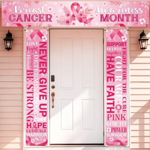 Breast Cancer Awareness Banner Decorations, Pink Ribbon Door Hanging Decor