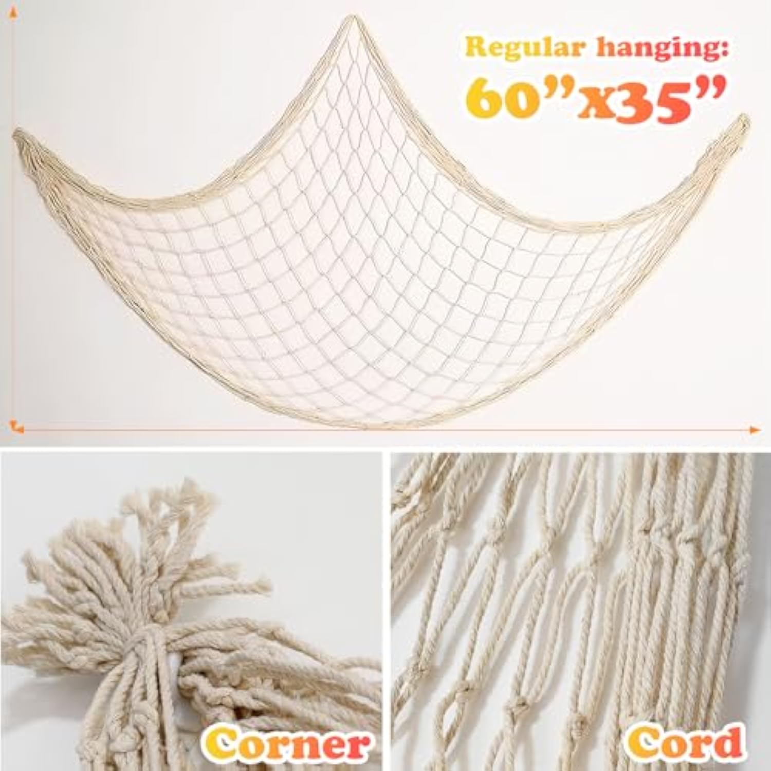 2 Pack Fish Net Decorations For Party, Natural Cotton Hawaiian Party Fishing Net Decorative, Nautical Themed Cotton Fishnet Under The Sea Pirate Ocean Beachhalloween Decor