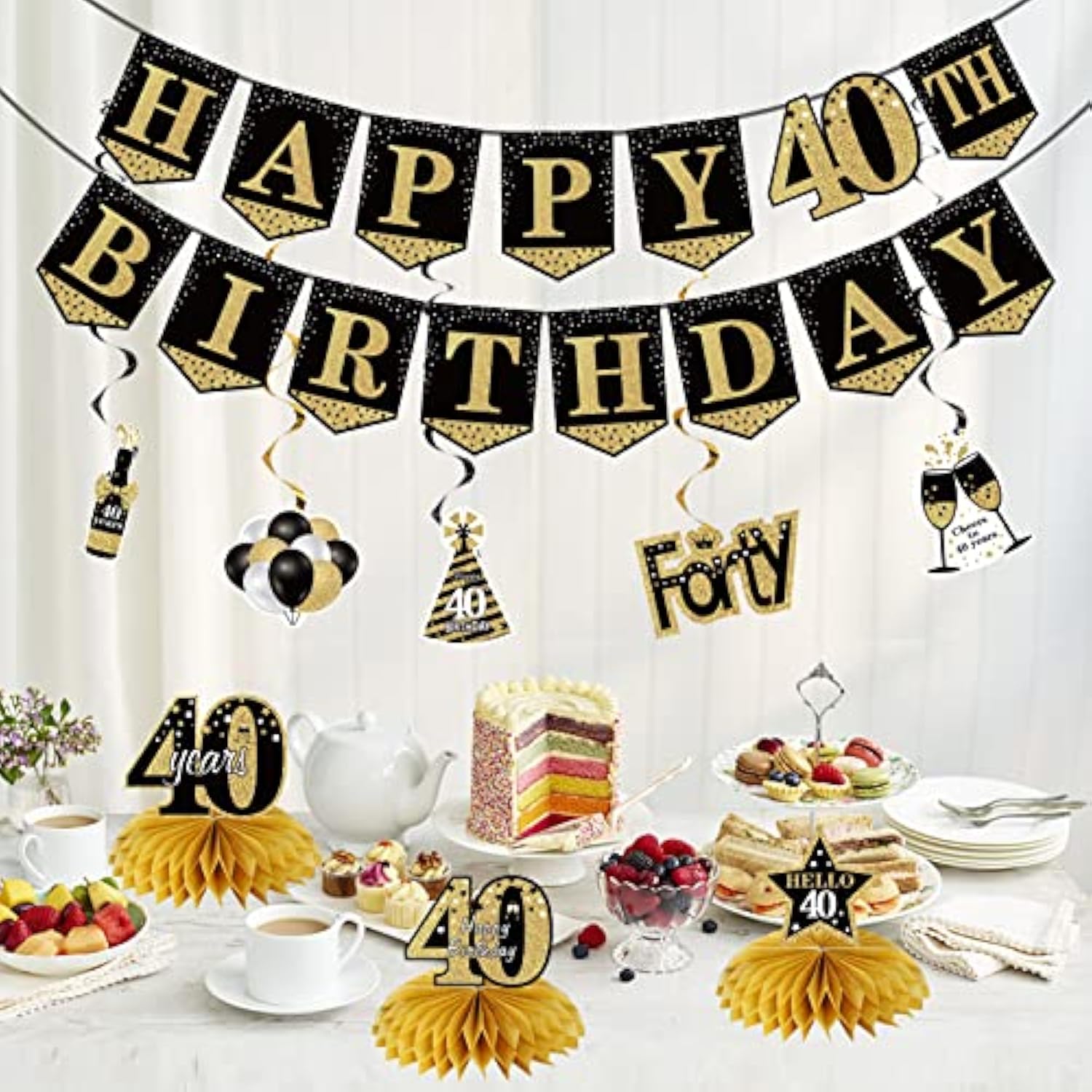 40Th Birthday Banner Decorations For Men Women, 10Pcs Happy 40 Birthday Banner Honeycomb Centerpiece Swirls Kit, Black Gold Forty Bday Ceiling Table Topper Sign Party Supplies