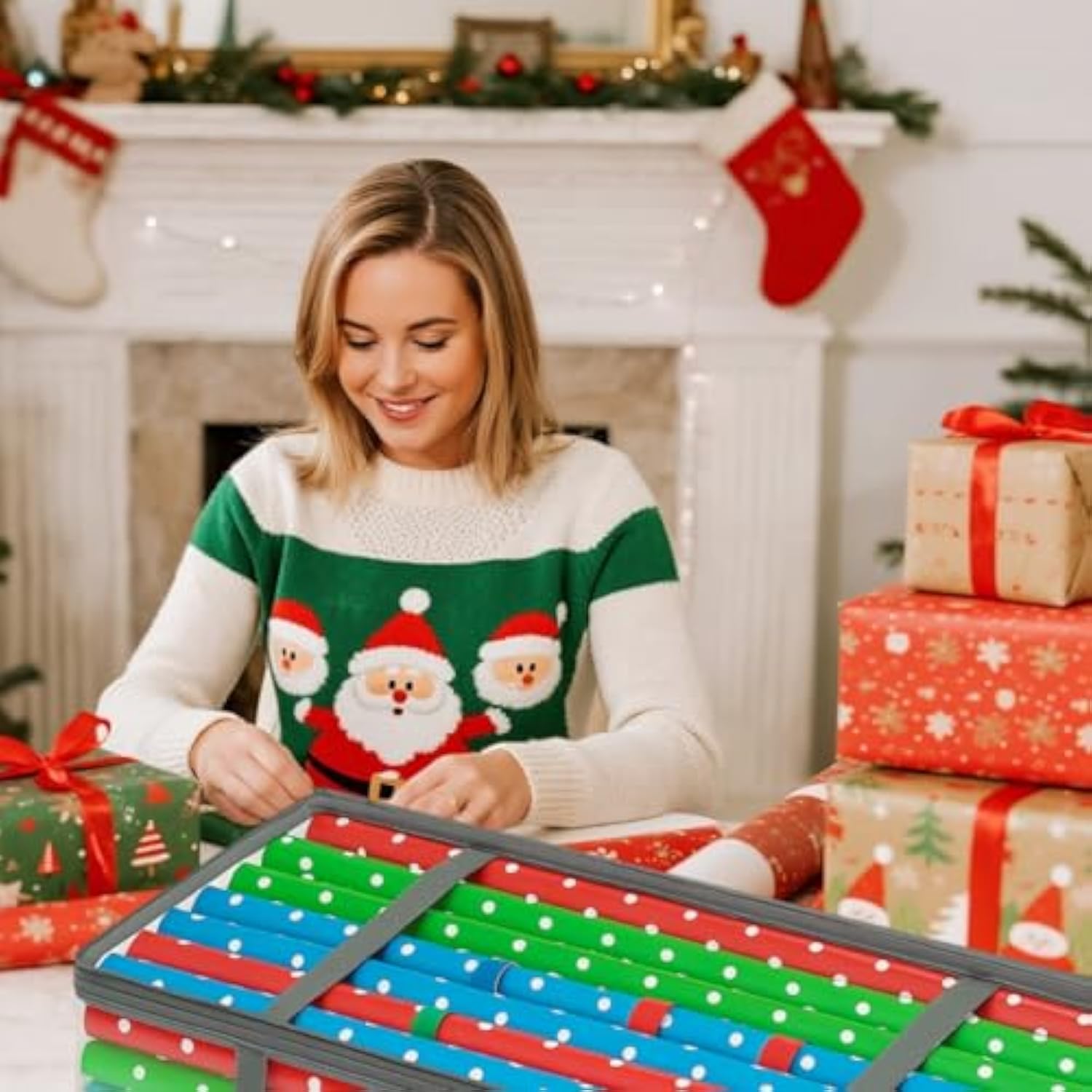Christmas Wrapping Paper Storage Bag – Clear 31.5×17.3×5.5 In Organizer Fits 30? Rolls, Includes 30 Color Wrapping Paper Roll Holder + 2 Compression Straps, Under Bed Poster Holder