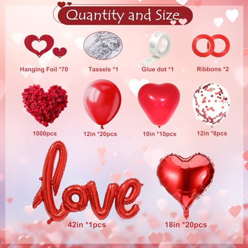 Valentines Day Decorations with Red Heart Balloons and Love Balloon, Fake Rose Petals for Wedding Decor, Anniversary Decorations Romantic with red Latex Balloons and Heart Hanging Decor.