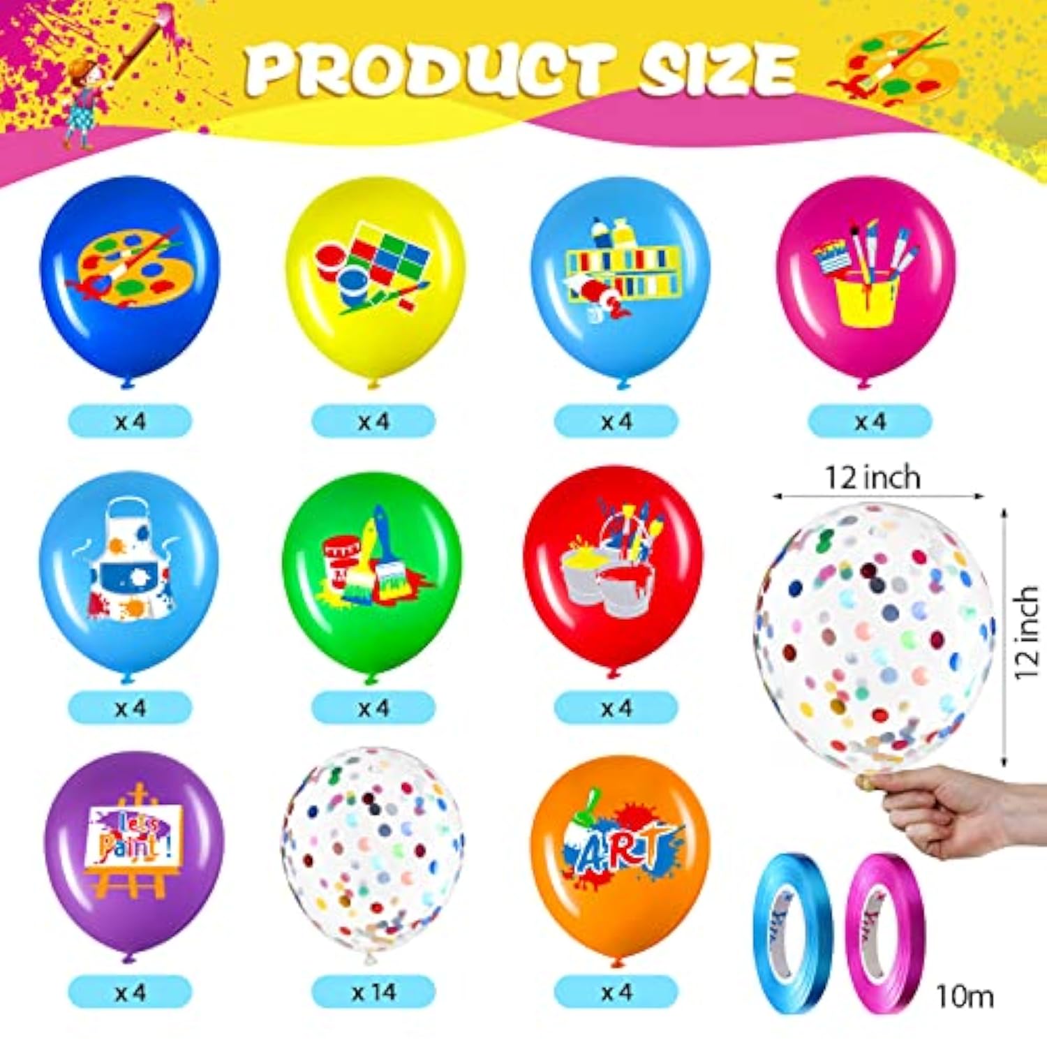 50 Pcs Art Party Balloons Multicolor Artist Foil Confetti Latex Balloons 12 Inch