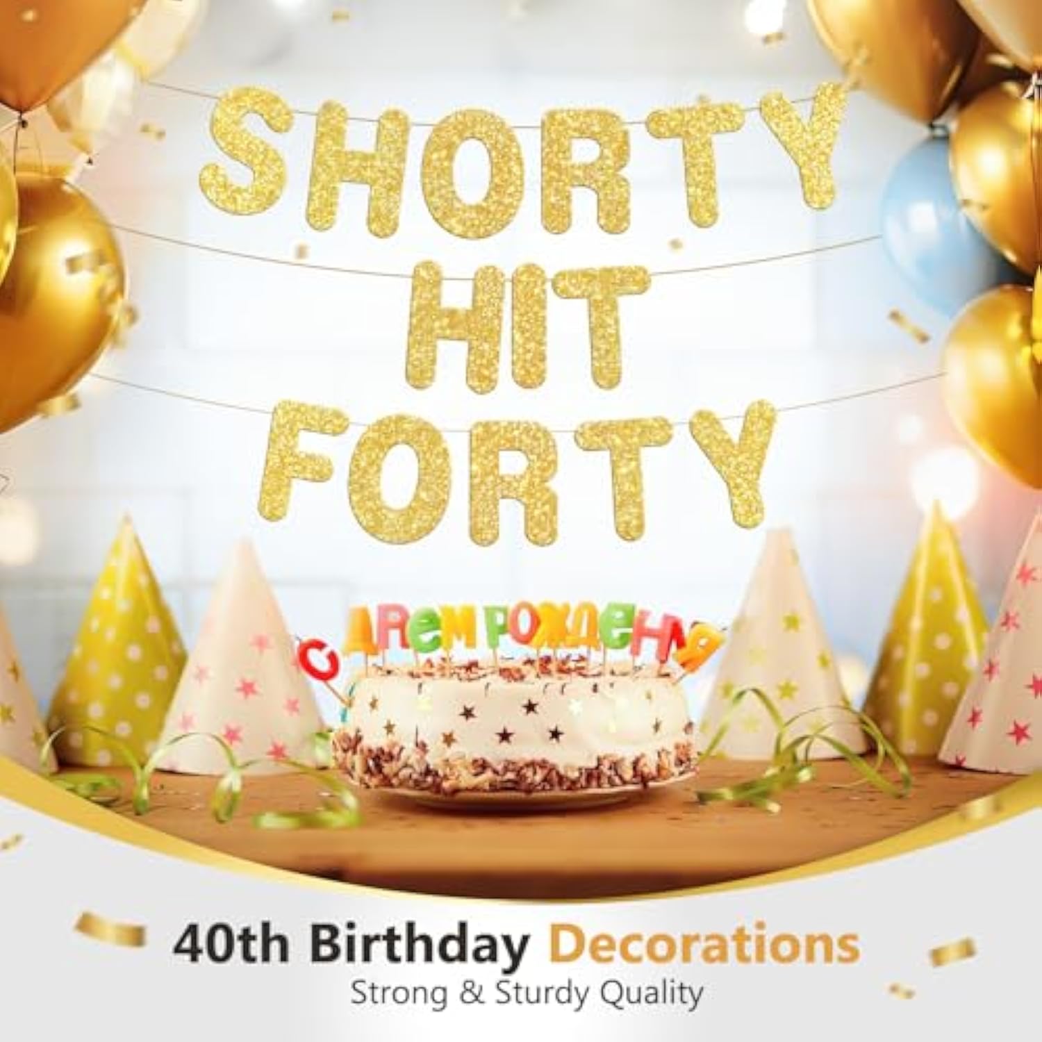 Pre-Strung Shorty Hit Forty Gold Glitter Funny 40th Birthday Party Banner