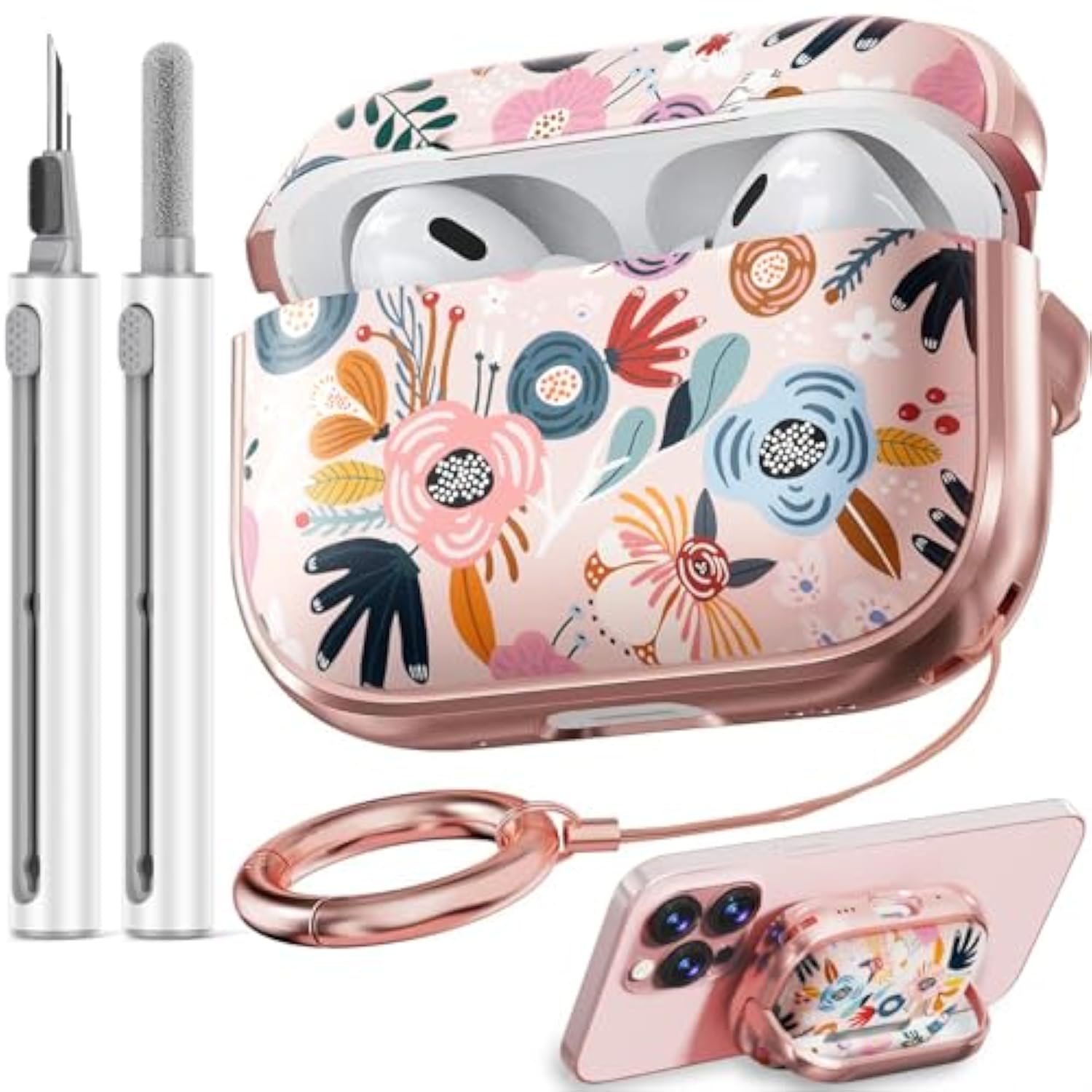 For Airpods Pro 2Nd Generation Case Cover With Lock, Flowers Cute Airpod Pro 2 Case Hard Ipod Pro Cases For Women Girls With Cleaner Kit For Airpod Pro Cases (2023 Usb-C /2022/2019) - Pink