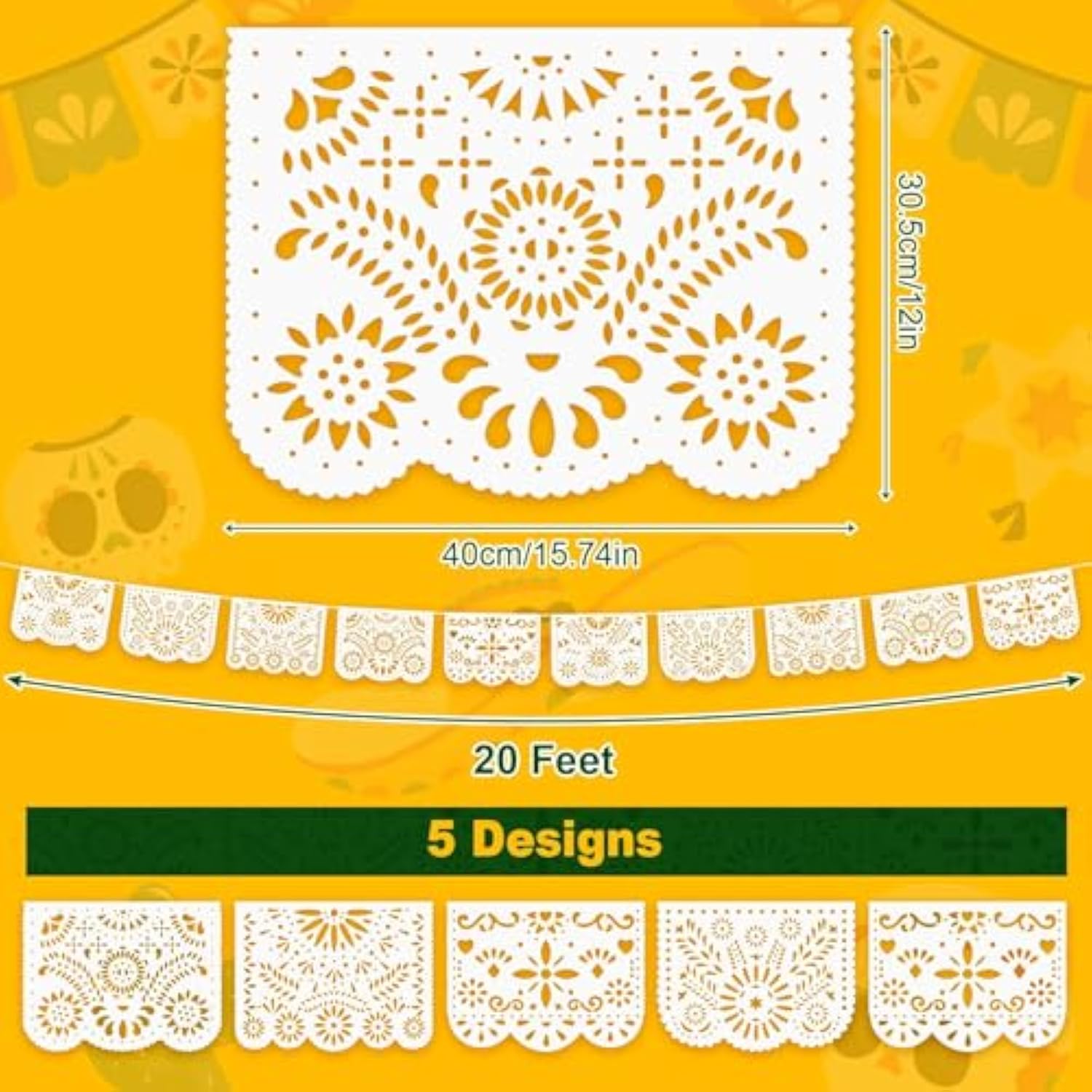 White Papel Picado Banner, 20 Ft Cinco De Mayo Decoration Plastic White Mexican Banners For Parties And Weddings - 5 De Mayo Mexican Themed Birthday Party Decorations Supplies (5 Designs)
