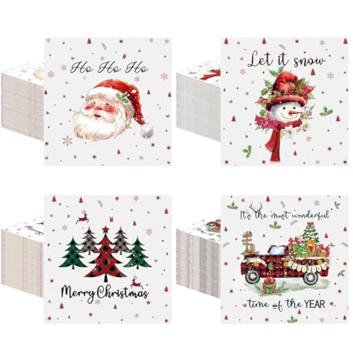 200 Pcs Christmas Cocktail Paper Napkins Disposable 2 Ply Santa Beverage Napkins Decoupage Xmas Tree Towel For Christmas Party Dinner Table Supplies (Classic Style)