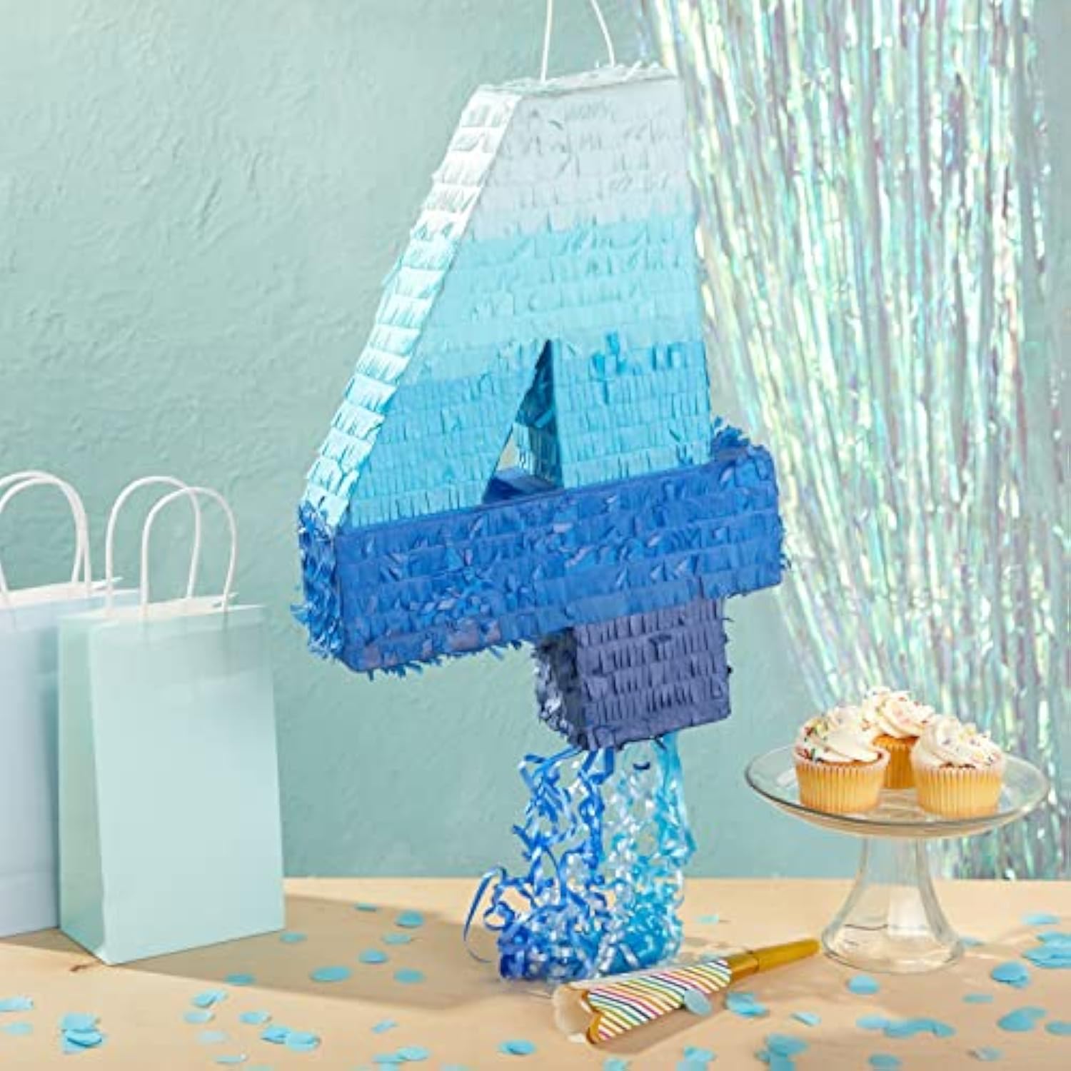 Number 4 Pull String Pinata For Boys 4Th Birthday Party Decorations - Ombre Blue (16.5 X 12 X 3 In 4 Pinata)