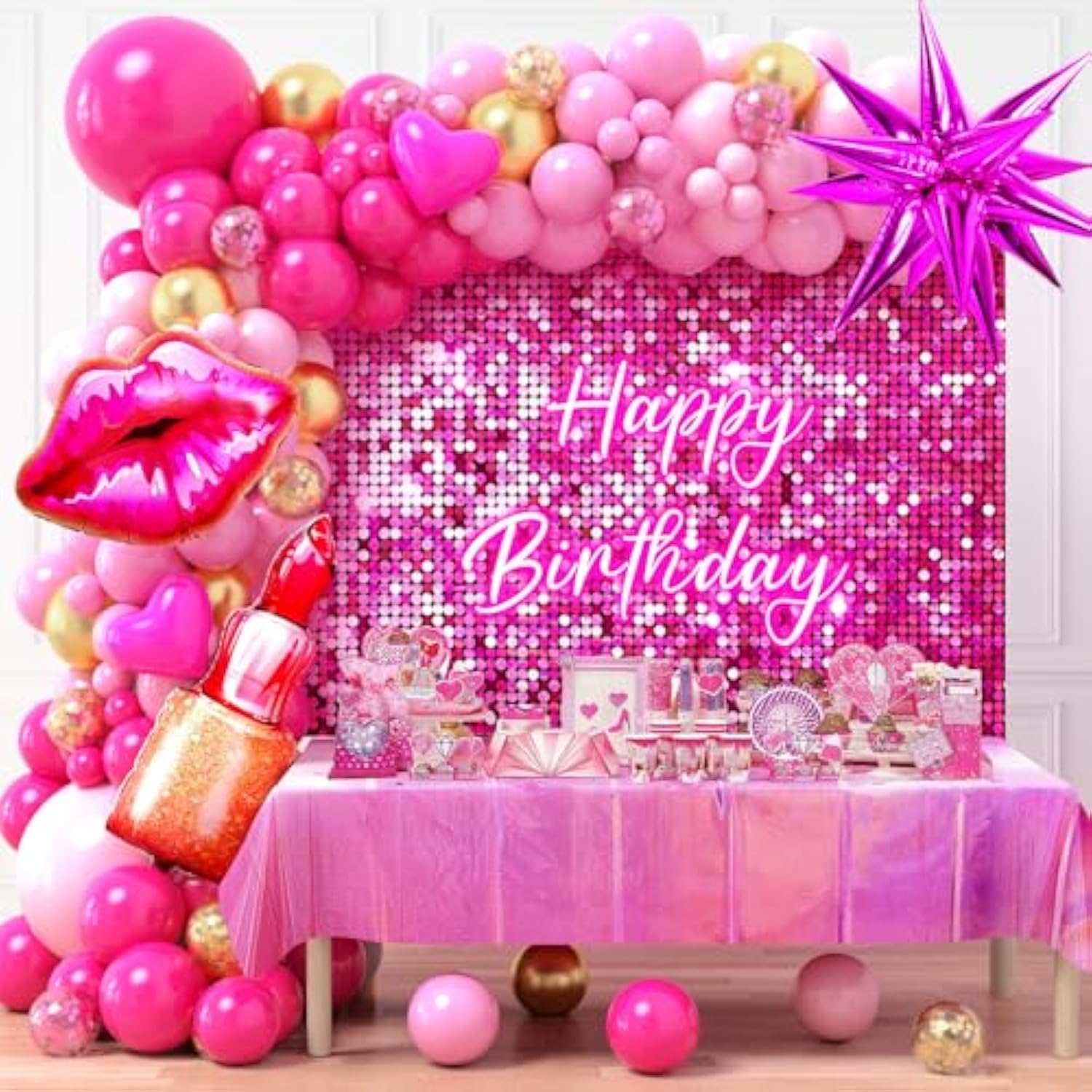 Hot Pink Birthday Party Decorations For Girls Women Pink Balloon Garland Arch Kit With Sequin Backdrop Tablecloth Lipstick Lip Heart Starburst Foil Balloons Princess Birthday Party Decorations