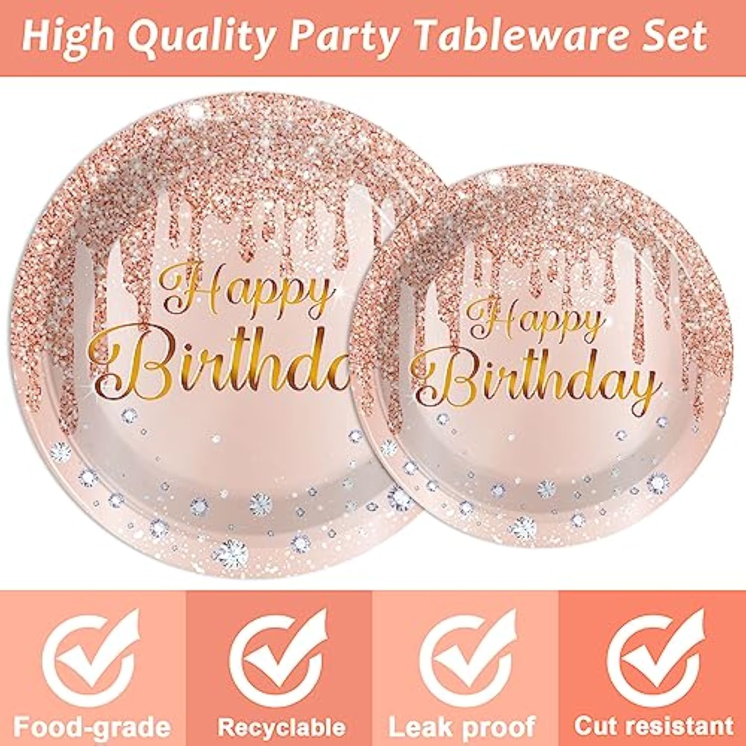 96 Pieces Happy Birthday Tableware Set For Pink Rose Gold Table Decorations Supplies Dessert Plates Napkins Forks Women 24 Guests Disposable Party Favors