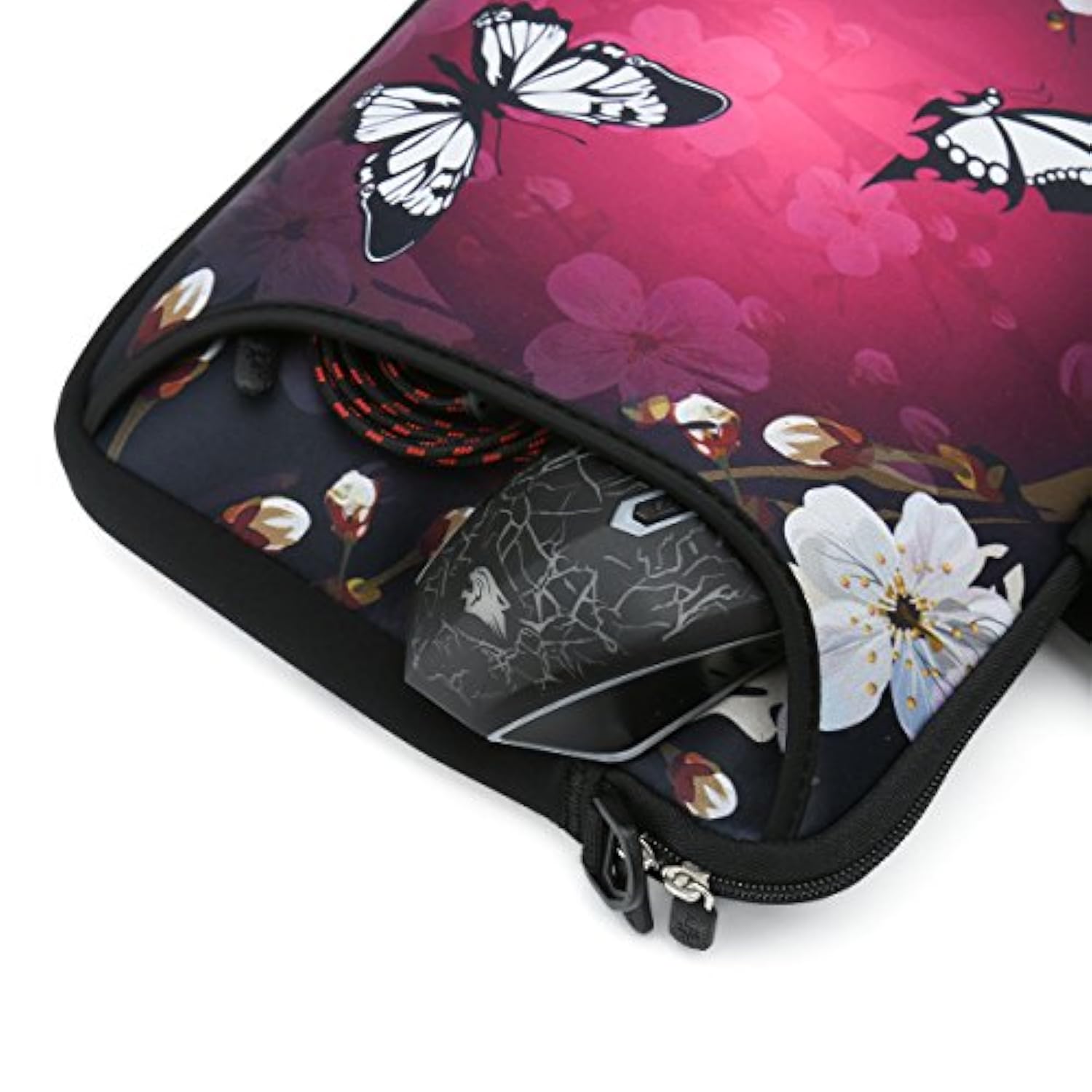 16 16.5 17-17.3-Inch Water Resistant Neoprene Sleeve Notebook Neoprene Messenger Case Tote Bag With Outside Handle And Adjustable Shoulder Strap & Extra Pocket(Butterfly And Flower)