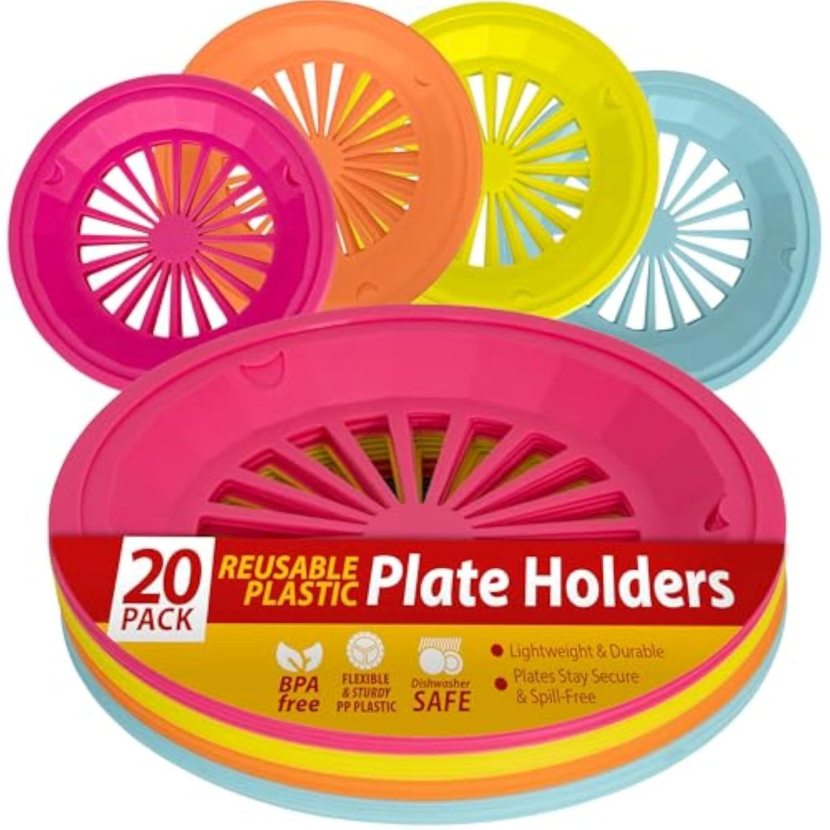 Reusable Plastic Paper Plate Holders 10 Inch, 20 Piece Round Plastic Paper Plate Holder Set With Snap-In Grooves, Dishwasher Safe, 4 Assorted Colors