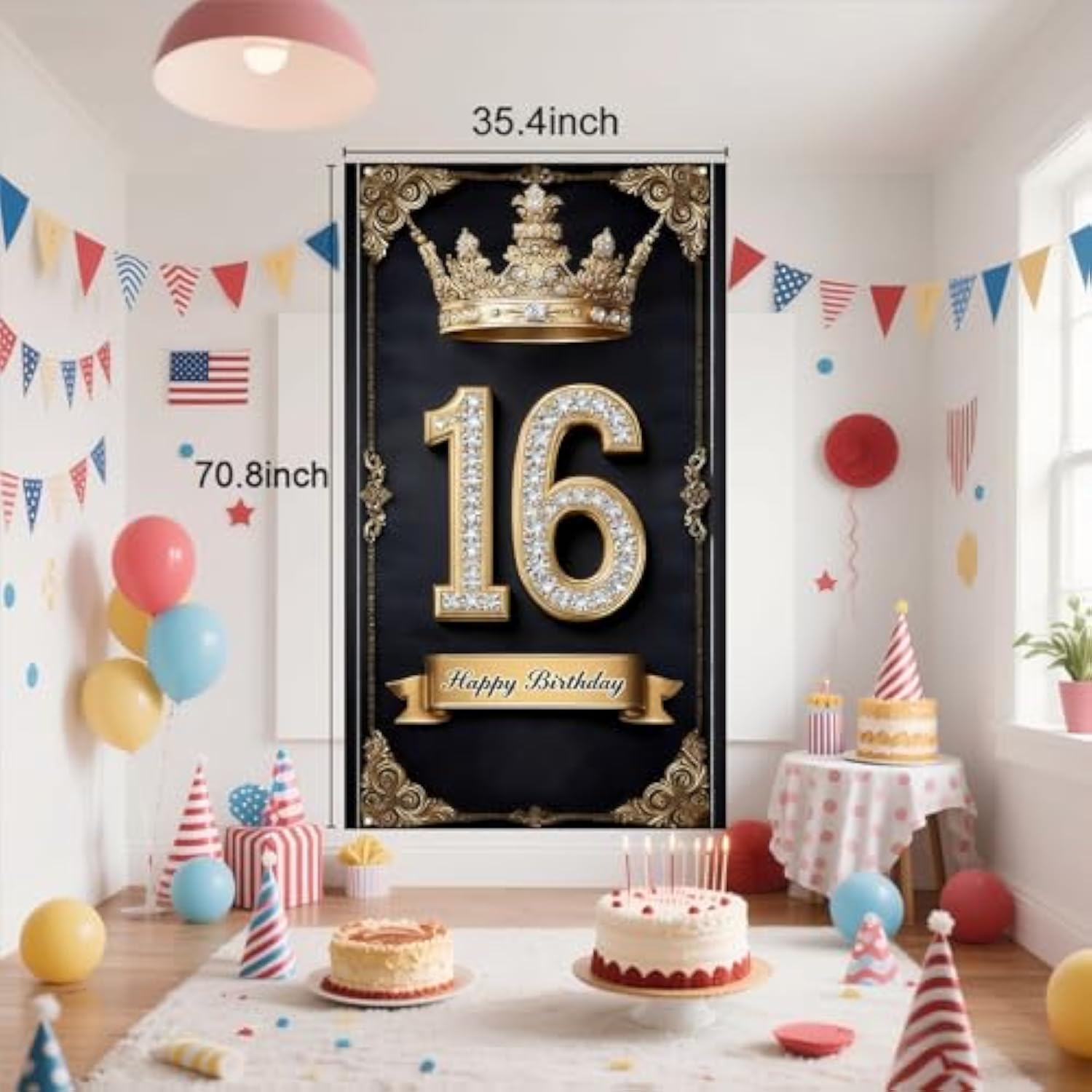 Happy 16St Birthday, Boys And Girls. Golden Black Crown Flag Background Decoration, Poster Background Photo, Booth Prop Decoration, Used For Birthday Parties, Wedding Anniversaries