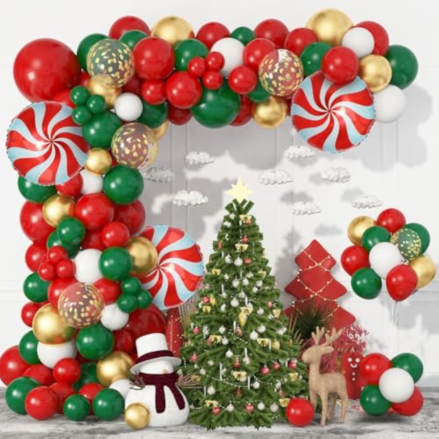 Christmas Red Green Gold Balloons Set, 60Pcs 12 Inch Red Green White Metallic Gold Confetti Latex Balloon Kit For Christmas Grinch Birthday Party Decorations