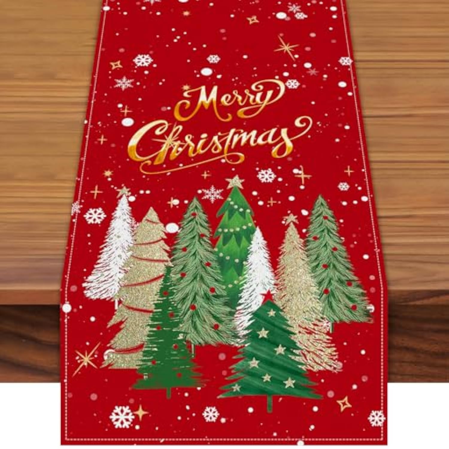 72 X 13 Inch Christmas Table Runner – Red Table Runner With Glittering Snowflakes And Christmas Tree Pattern For Holiday, Kitchen, Mantel, Dining Table Décor, Winter Christmas Party Supplies
